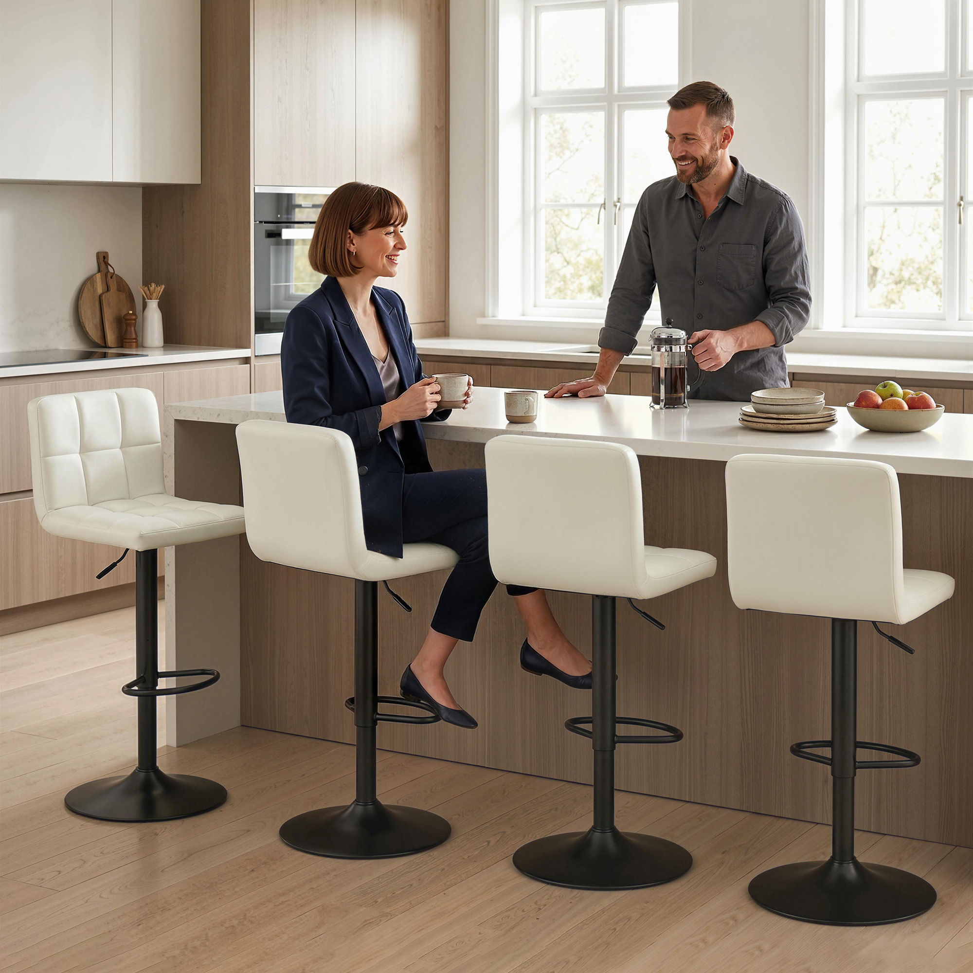  Set 2 Scaune de Bar Reglabile cu Suport pentru Picioare, din Piele PU si Otel, 39,5x44x88-110 cm, Crem [8]