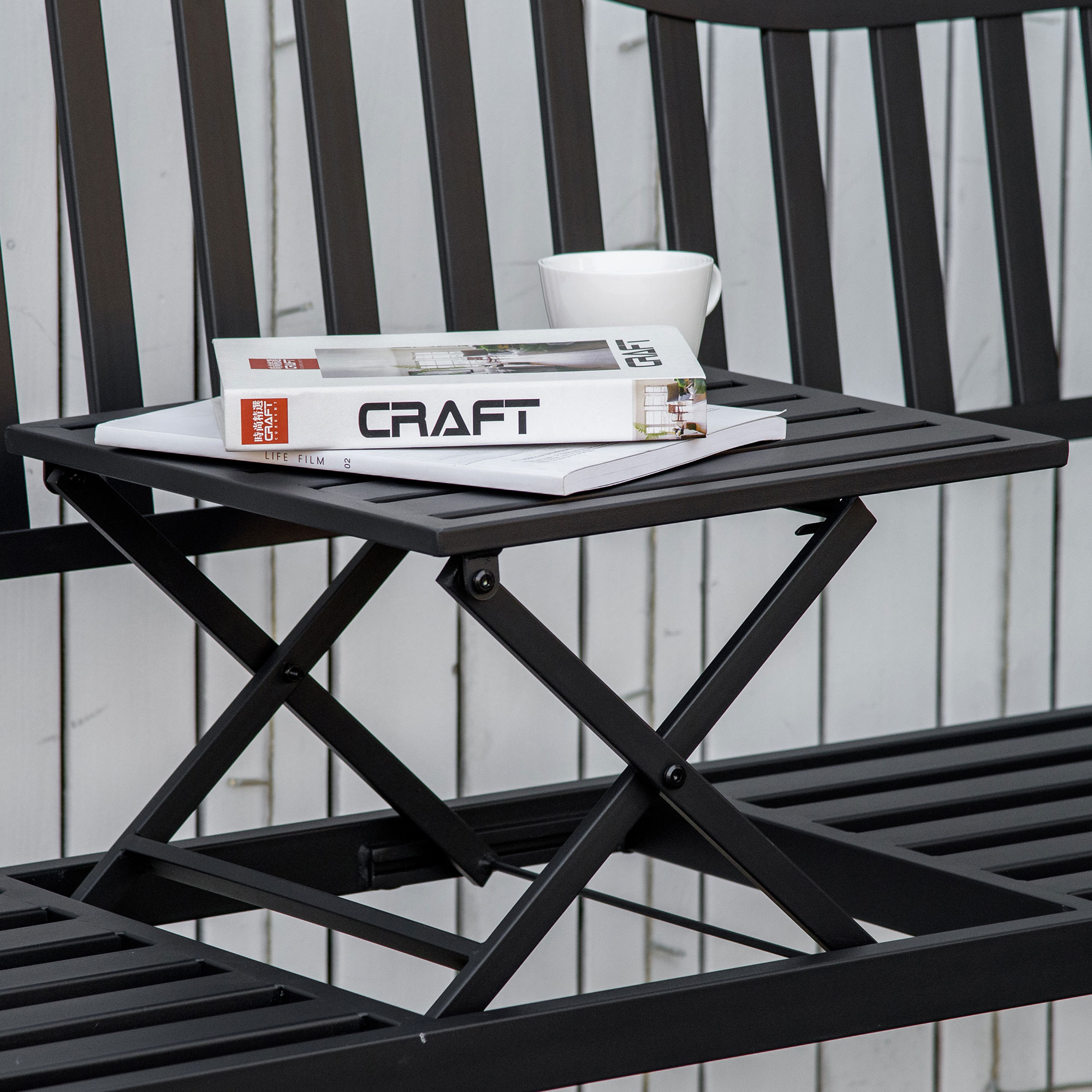  Banca de Gradina cu 2-3 Locuri din Metal, Banca de Exterior cu Masuta Extensibila, Spatar cu sipci si Cotiere, pentru Balcon, Terasa si Curte, 150x58.5x90 cm, Negru [8]