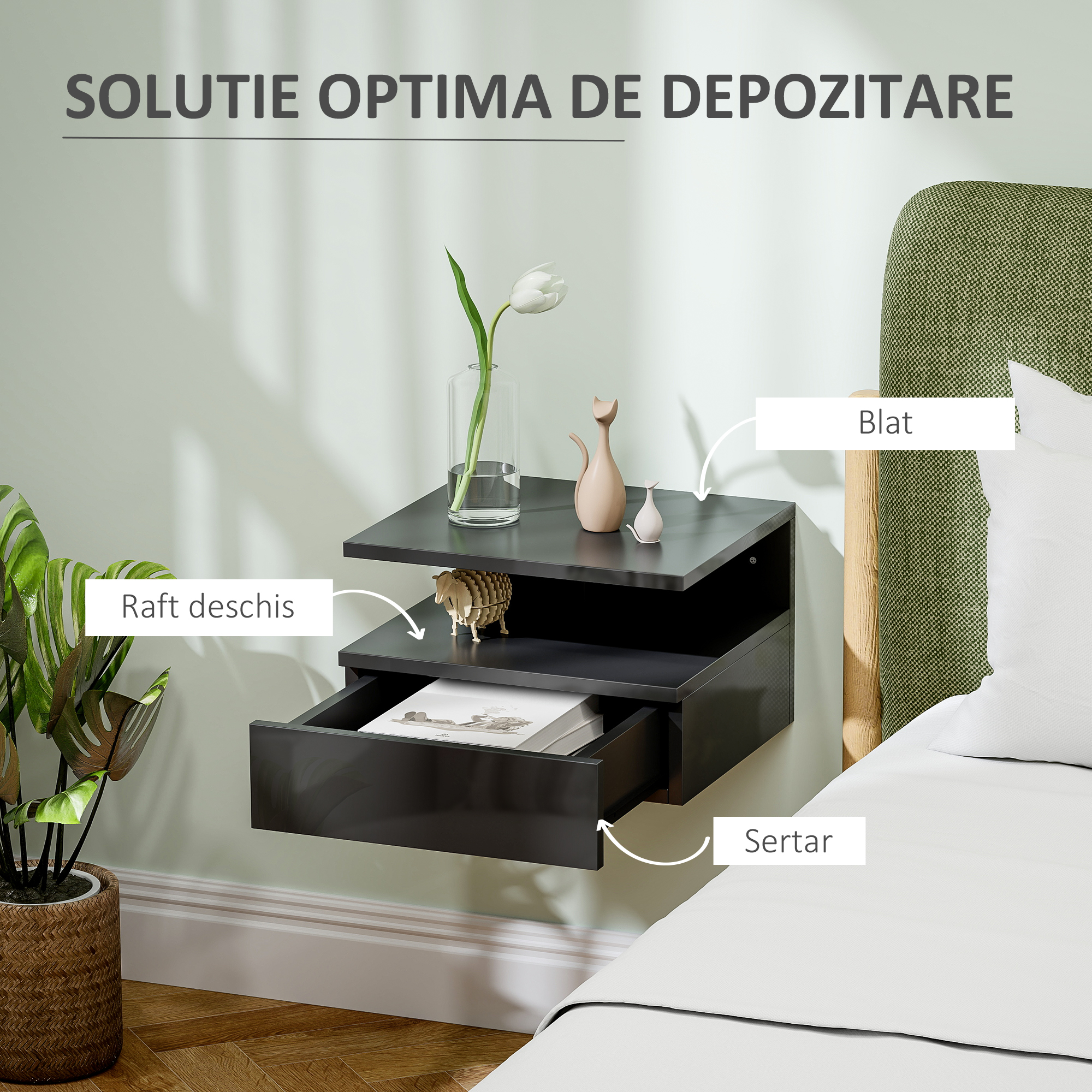  Noptiera Suspendata pentru Dormitor cu Sertar si Raft Deschis din Lemn, 35x32x22,5 cm, Negru Lucios [4]