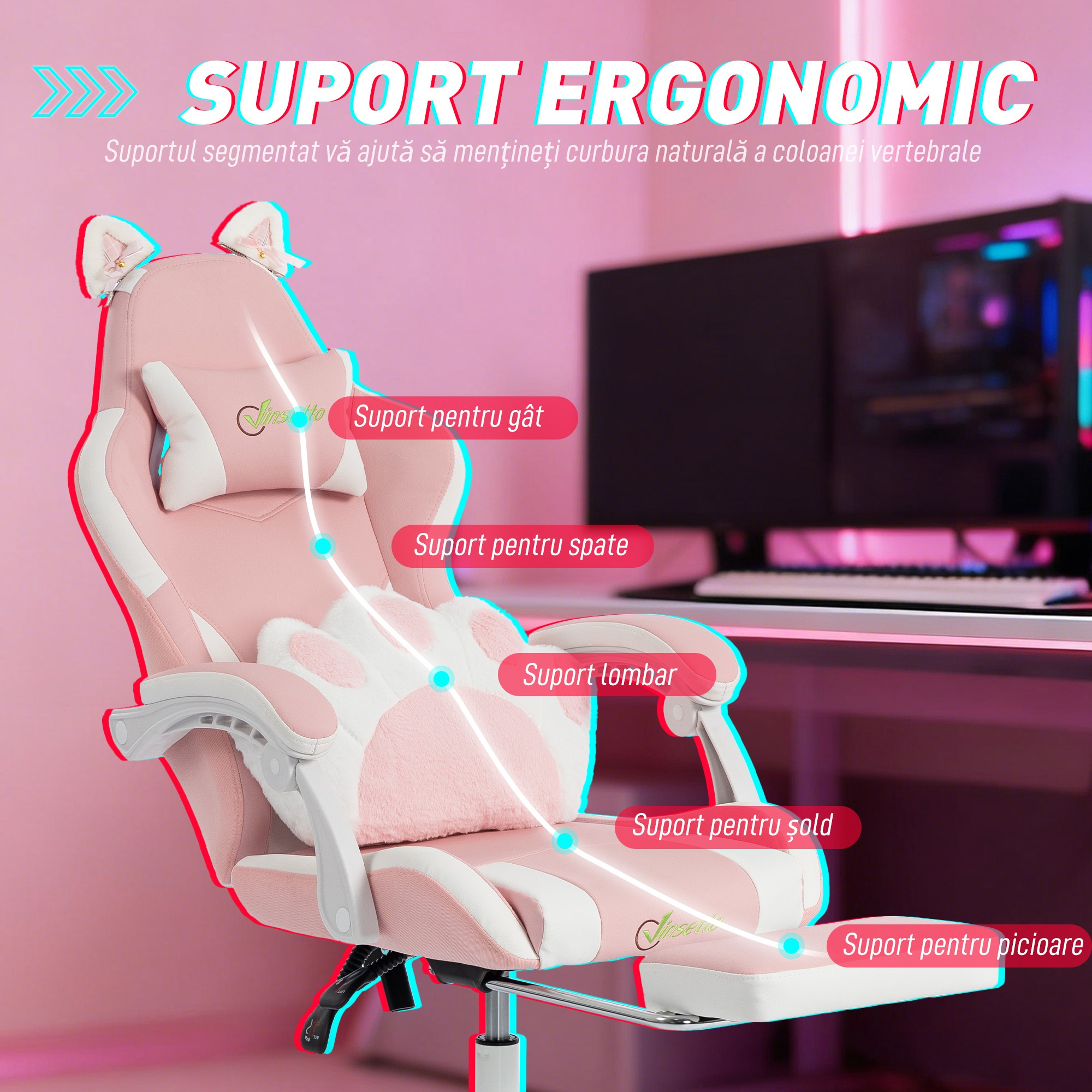  Scaun Gaming Ergonomic cu Urechi de Pisica, Fotoliu Gaming Birou Reclinabil din Piele Eco cu Suport pentru Picioare, Tetiera si inaltime Reglabila, Suport Lombar si Cervical, Roz [4]