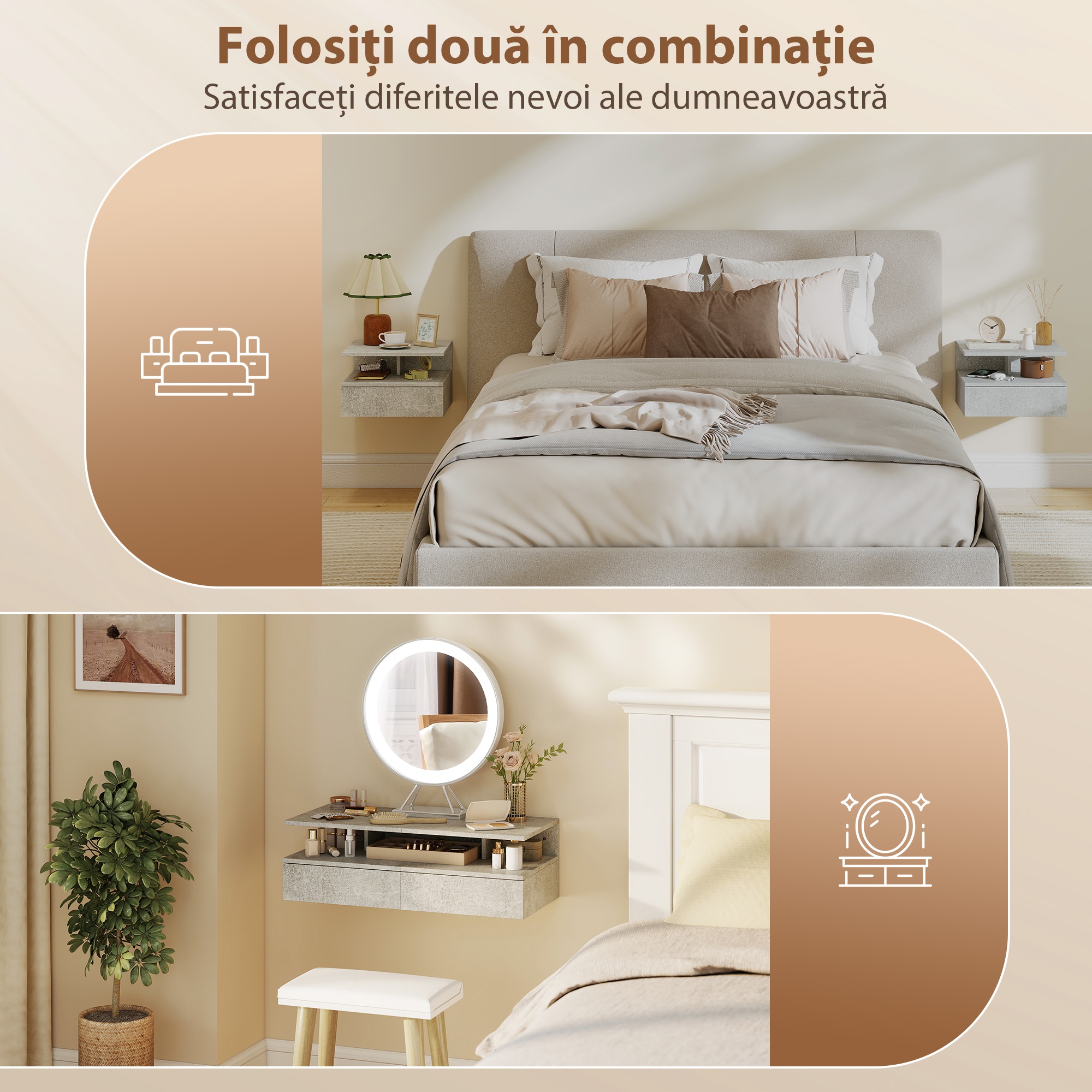  Set de 2 Noptiere Suspendate cu Sertar si Raft Deschis, 35x32x22.5 cm, Gri Ciment [5]