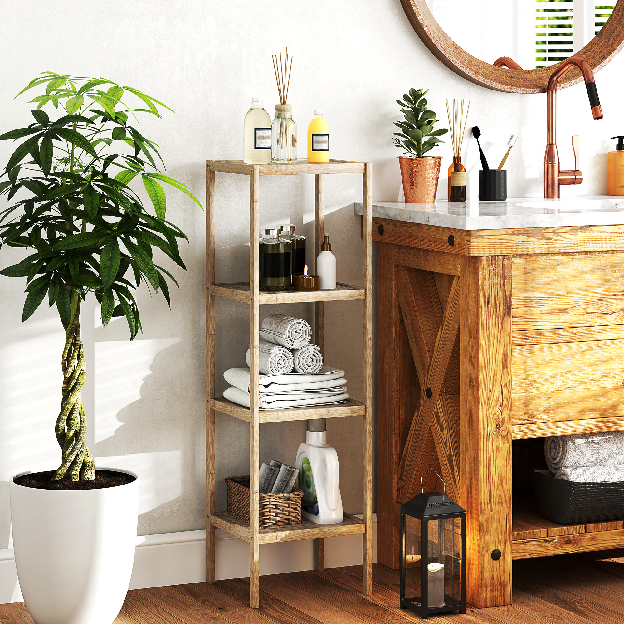  Dulap de Baie Modern cu 4 Rafturi Anti-Rasturnare, Dulap de Baie din Bambus si Lemn, 33x31x110 cm, Lemn Natural [1]