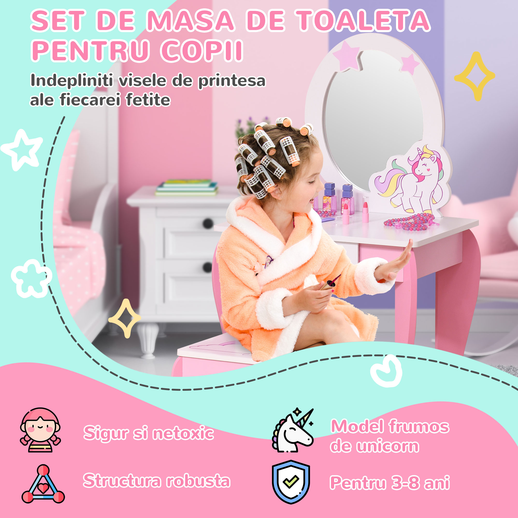  Oglinda Jucarie cu Sertar si Taburet Joc pentru Copii 3-8 Ani [4]