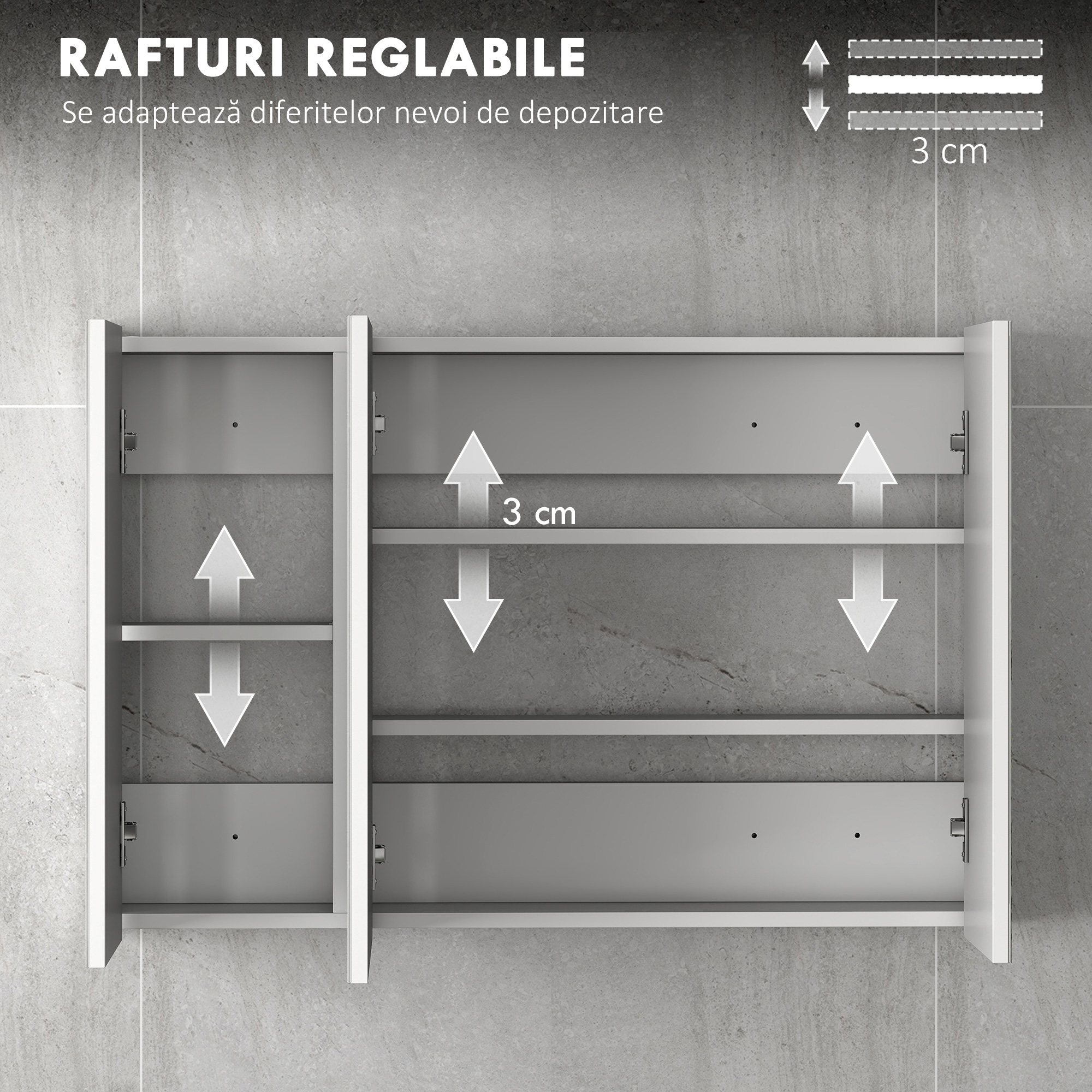  Dulap de Baie Suspendat cu Oglinda cu 3 Usi, Alb [4]