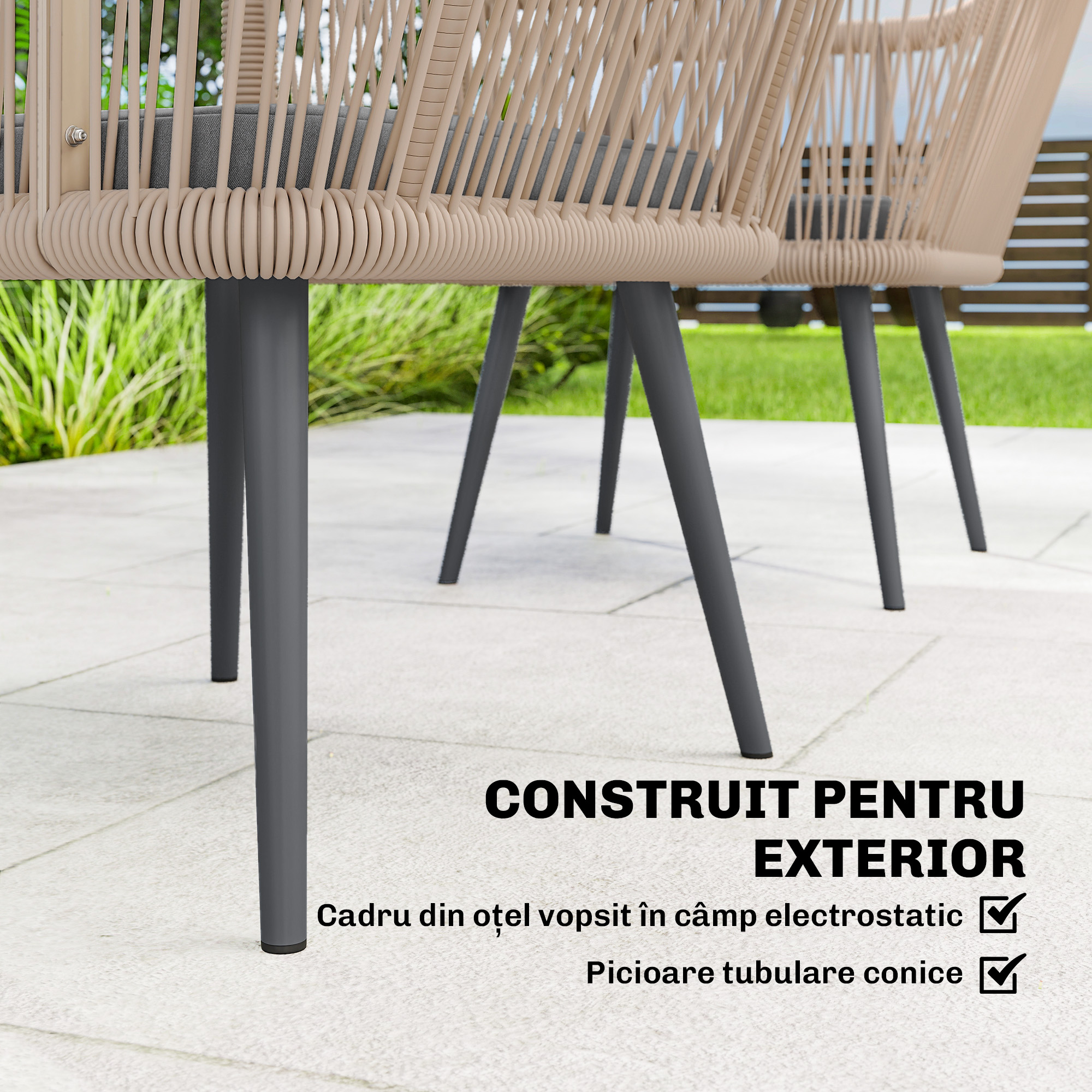  Set 2 Scaune de Gradina din Ratan PE cu Perne Moi Lavabile si Brate, Scaune pentru Dining Exterior din Otel, pentru Terasa, Balcon, Gradina, Exterior, 54x65x80cm, Gri inchis [4]