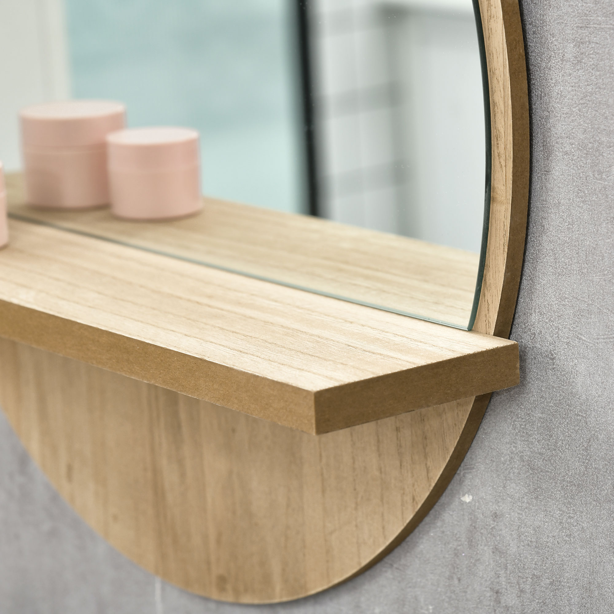  Oglinda de Baie Rotunda din PAL si Sticla cu Raft pentru Depozitare si 2 Carlige pentru Fixare, Ø45x10 cm, Lemn Natural [8]