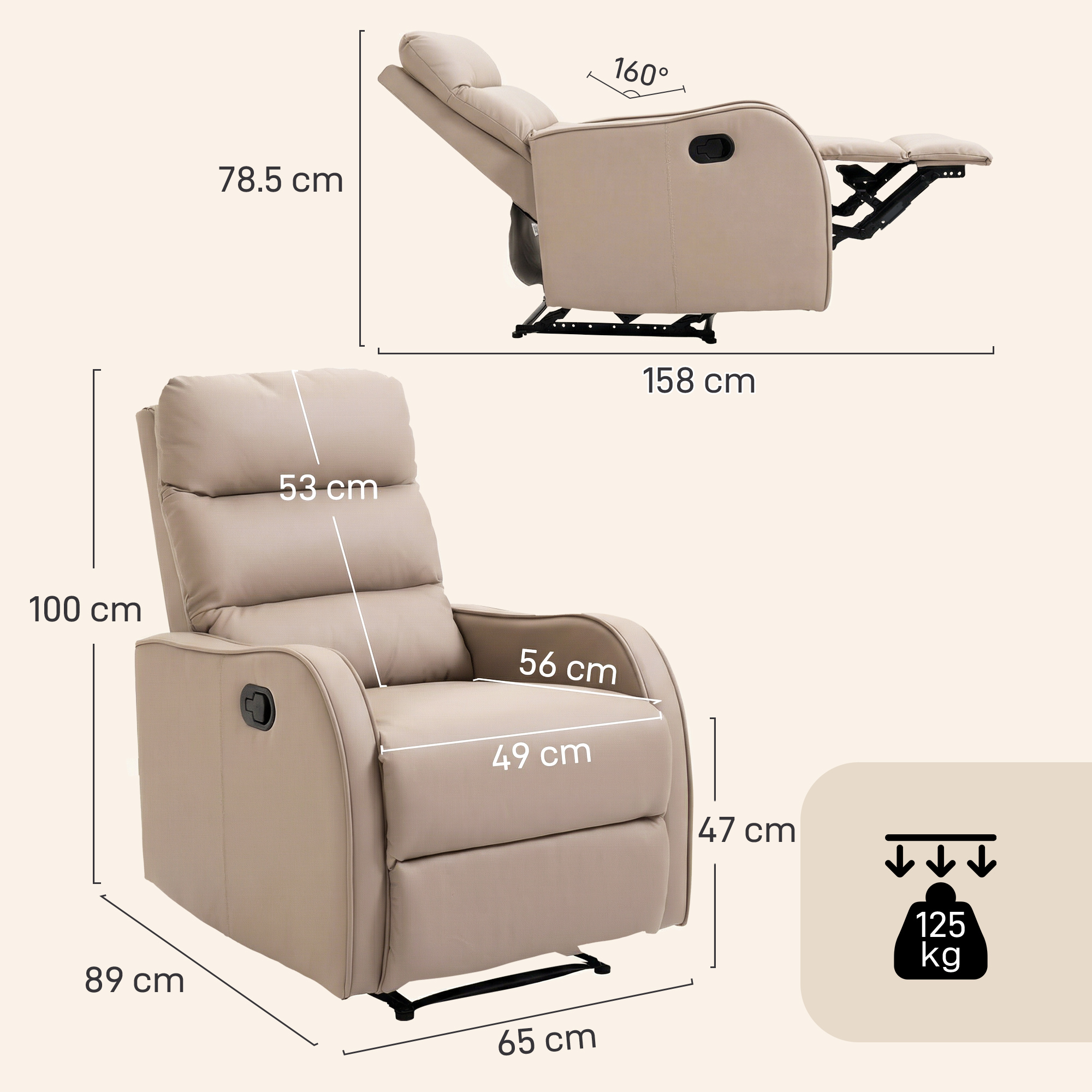  Fotoliu Reclinabil 160° cu Suport pentru Picioare, din Piele PU, Lemn si Otel, 65x89x100 cm, Maro Deschis [2]