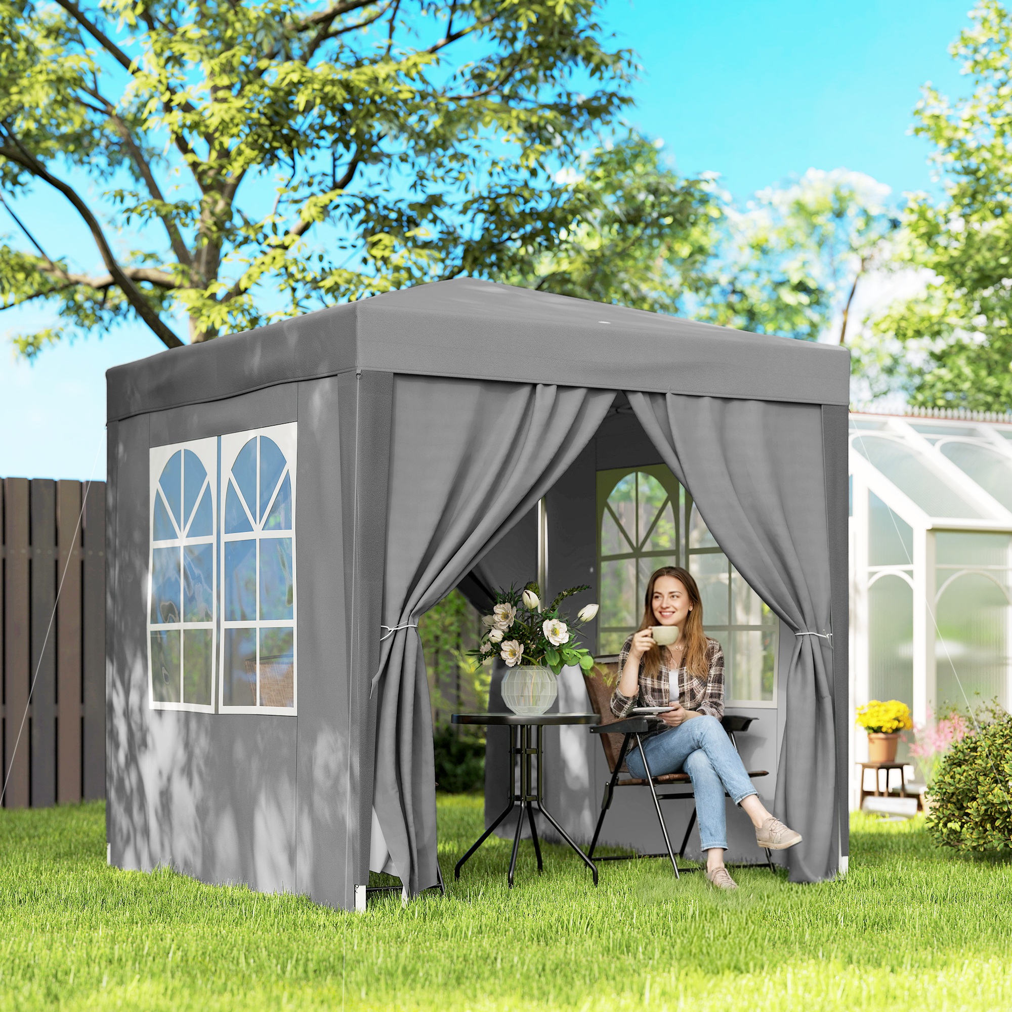  Foisor Pliabil 2x2 m Pop-Up cu 2 Usi, 2 Ferestre, 4 Pereti Detasabili, Foisor de Exterior cu Geanta de Transport din Otel si tesatura Oxford, pentru Gradina, Petreceri, Camping, Gri [1]