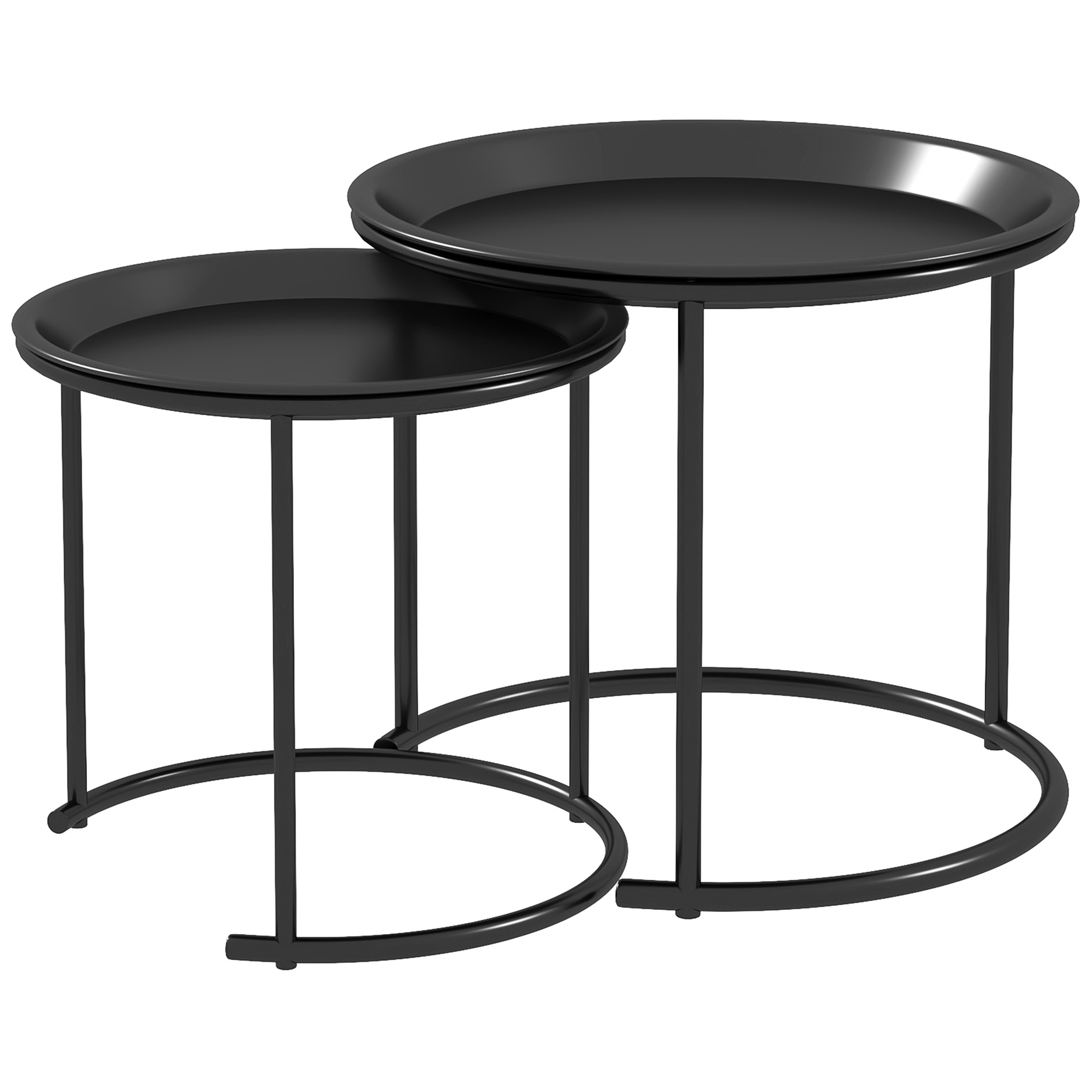 Mese cafea si decorative -  Set 2 Masute de Cafea Suprapozabile Rotunde cu Tavi Detasabile din Otel, Negru
