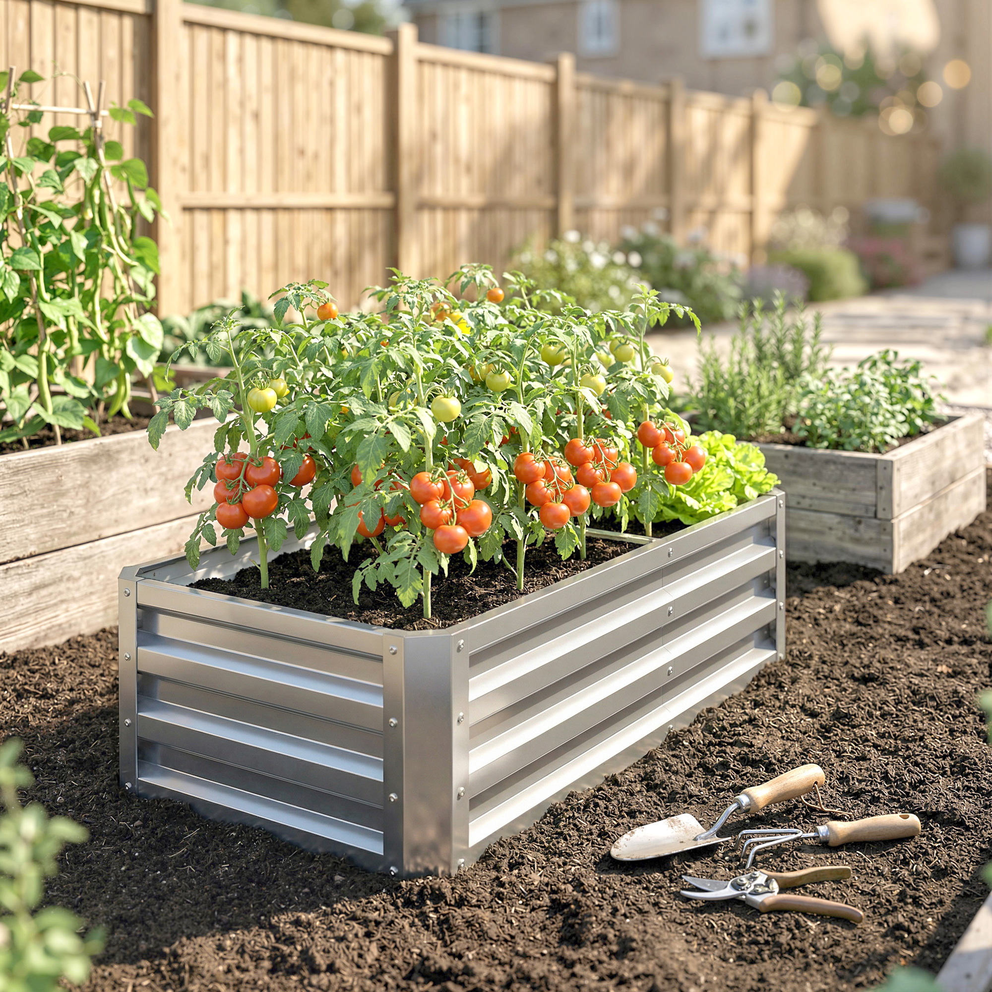  Pat pentru Gradina inaltat cu Baza Deschisa si Strat din Otel Zincat, 120x60x30.5 cm, Argintiu [7]