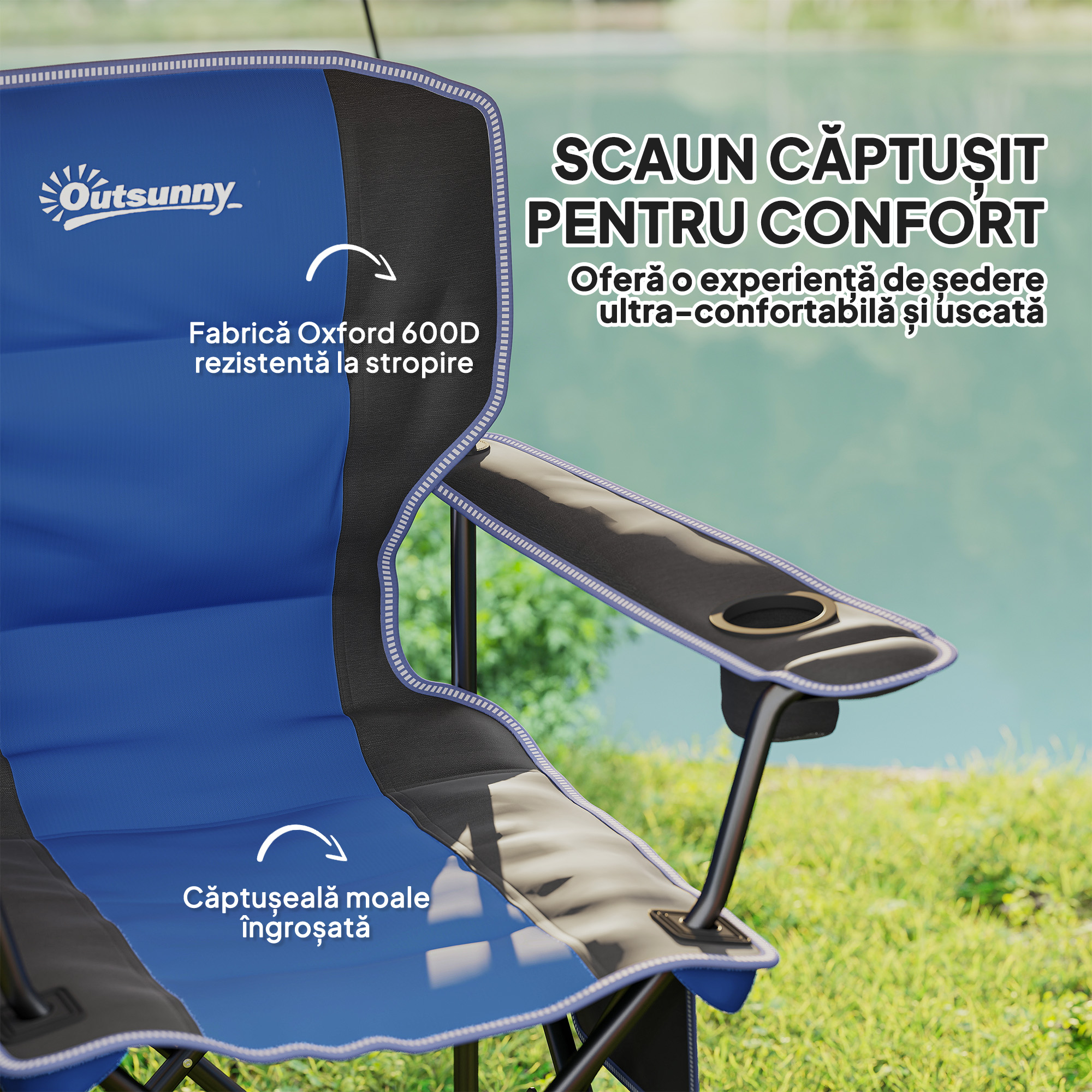  Scaun de Camping Pliabil cu Buzunar si Suport pentru Pahar, 94x62x110 cm, Albastru [3]