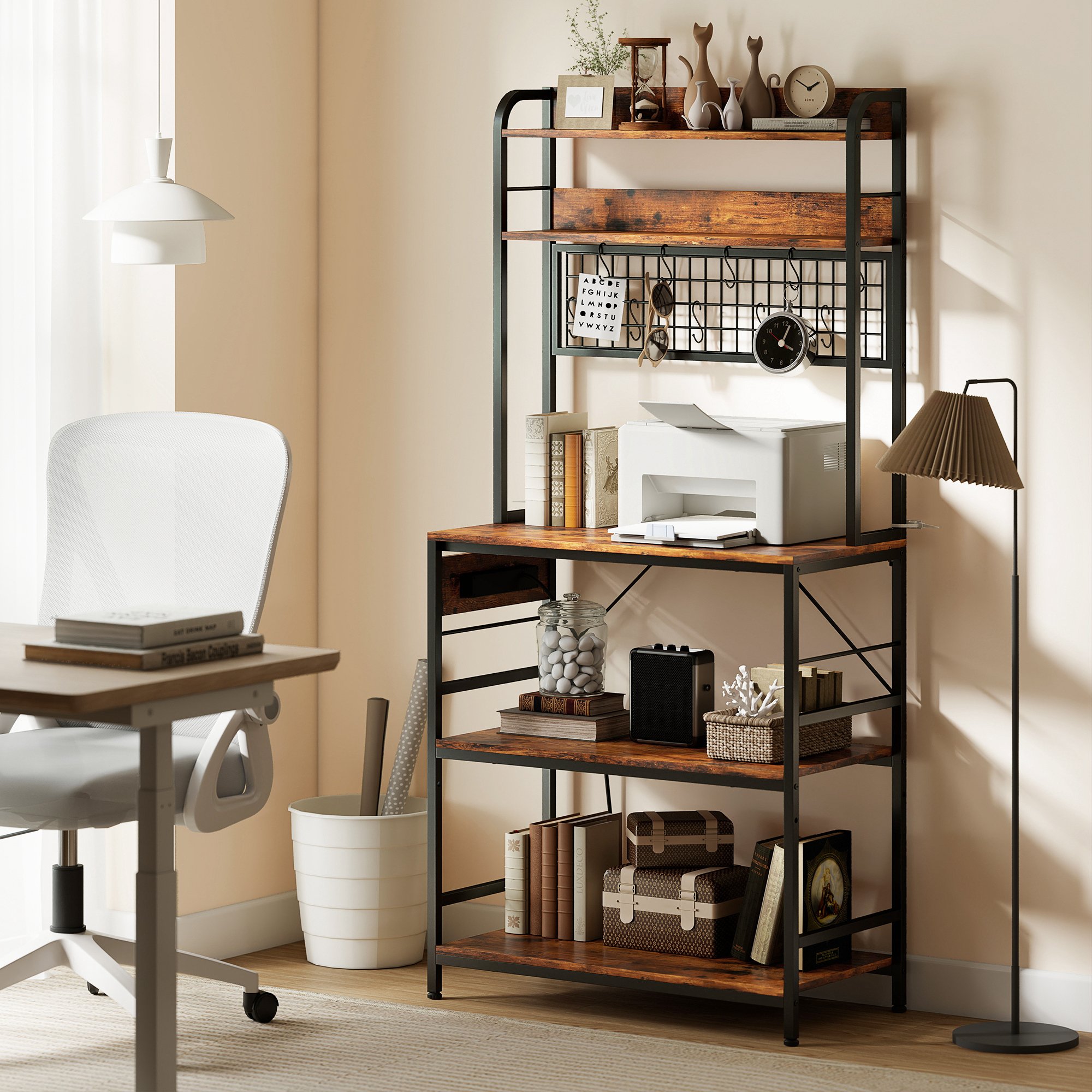  Raft de Bucatarie cu Statie de Alimentare si Rafturi Reglabile, Raft pentru Cuptor cu Microunde 5 Nivele cu Panou de Grilaj si 10 Carlige, Dulap Vintage Structura din Otel, 80x40x170 cm, Maro Rustic [8]