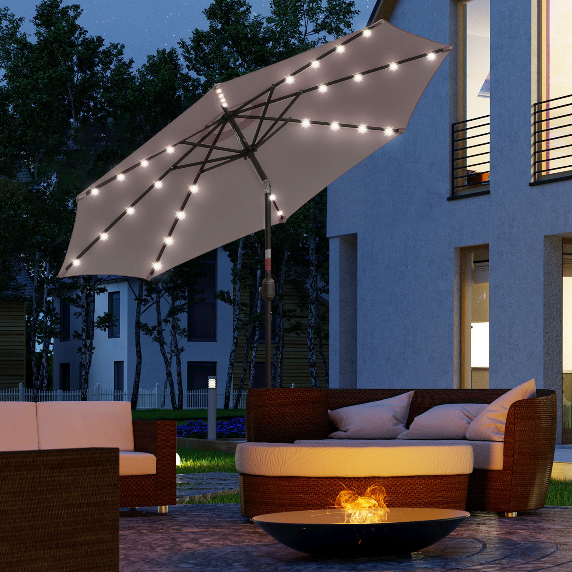  Umbrela de Gradina Reglabila Ø265 cm cu 32 Lumini LED Solare si Manivela, Umbrela de Exterior cu 8 Bare de Sprijin, din Otel, Poliester, pentru Terasa, Curte, Balcon, Gri [1]