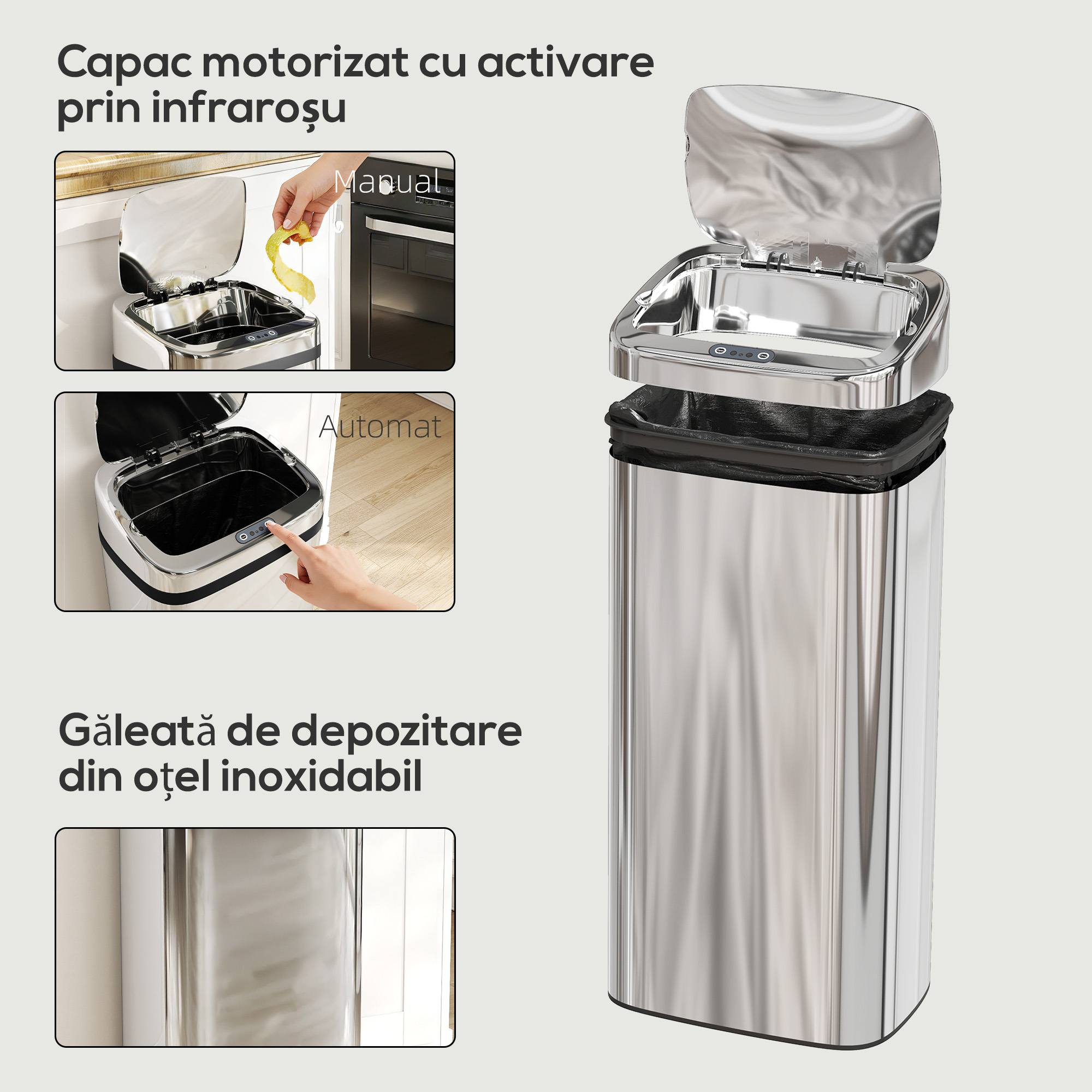  Cos de Gunoi Automat de 40L cu Senzor, Structura din Otel, 33x25x70 cm, Argintiu [5]