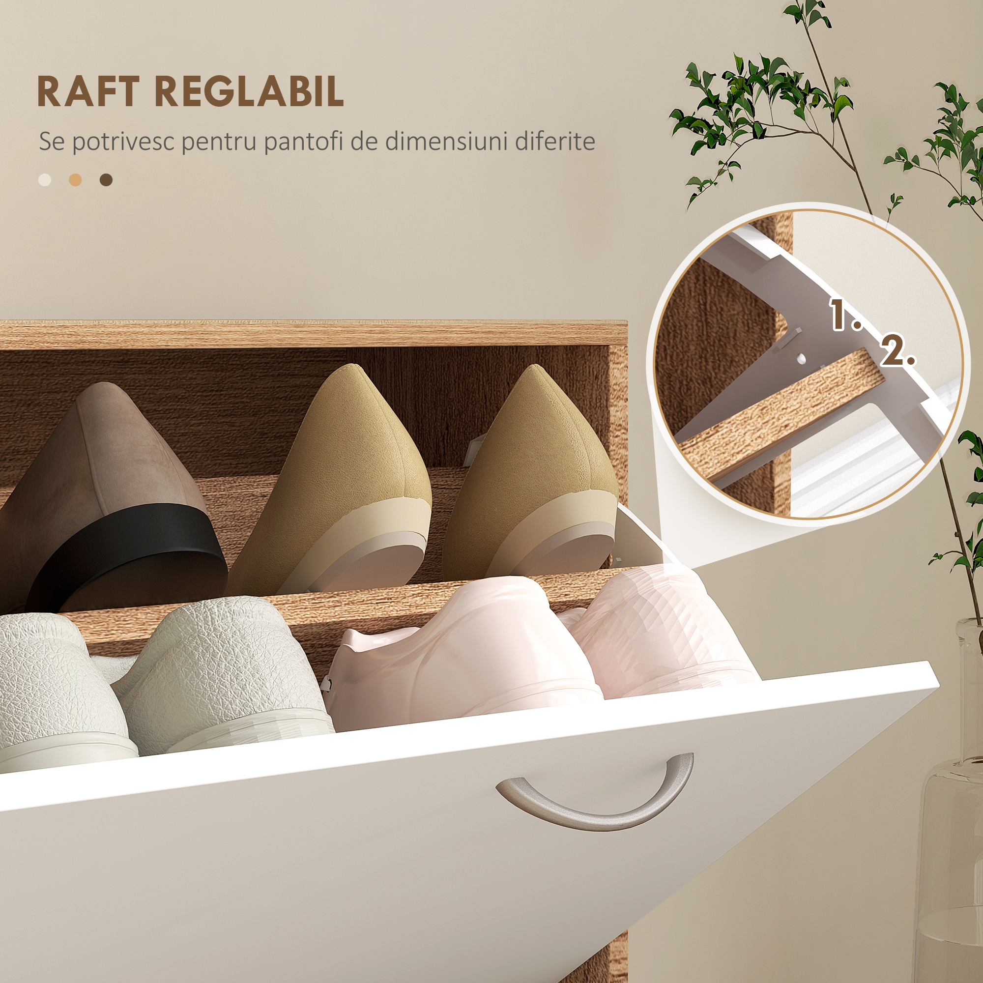  Set Mobilier Modern cu Etajera pentru Pantofi, Oglinda cu 6 Carlige, 2 Rafturi si Sertare, 90x24x177 cm, Lemn Natural [5]