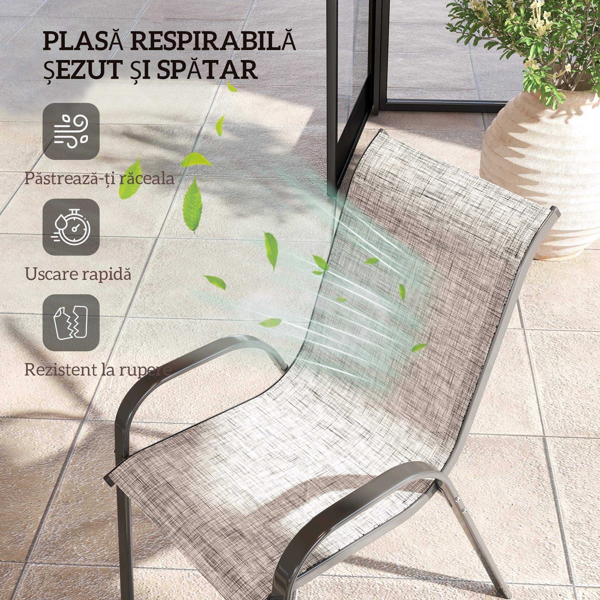  Set 4 Scaune de Gradina Stivuibile cu Brate Curbate, din Otel si Material Respirabil, 54x71x93 cm, Gri [4]