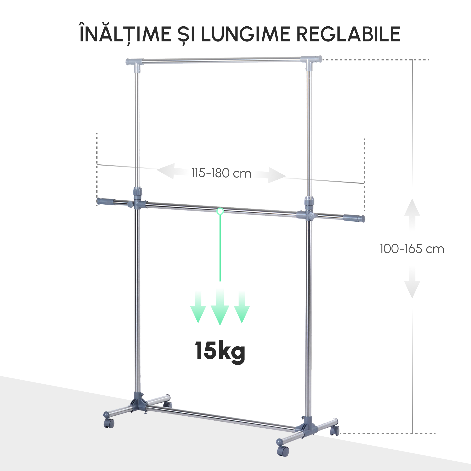  Cuier pentru haine cu inaltime si extensie reglabile, 165 x 48 x 180 cm, Inox / ABS, Argintiu / Gri [6]