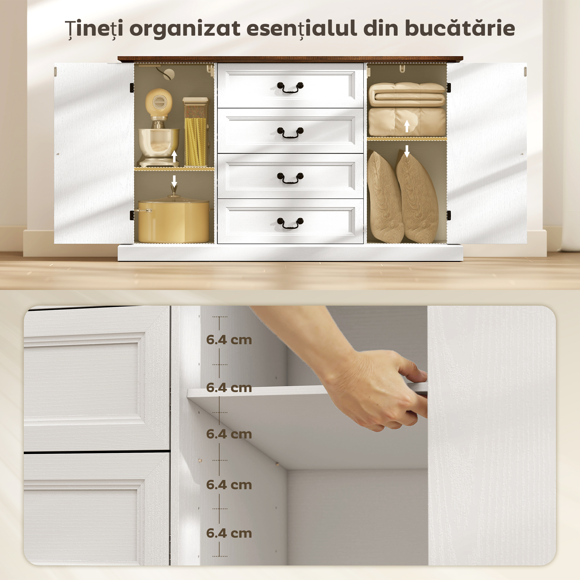  Credenta de Bucatarie, Mobilier de Bucatarie cu 4 Sertare Soft Close, Blat Gros, Bufet cu Rafturi Reglabile, Stil Rustic, pentru Sufragerie, Sala de Mese, 147x40x87 cm, Alb [3]