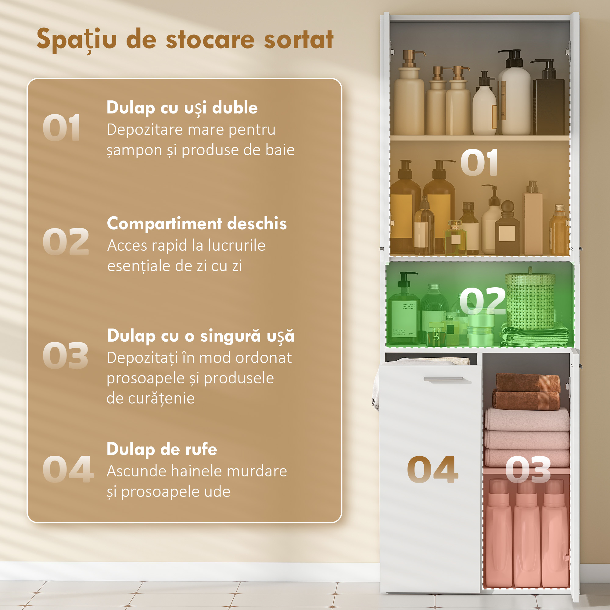  Dulap de Baie cu 2 Usi, Cos Rabatabil pentru Rufe si Raft Deschis, 60x30x174 cm, din Lemn, Alb [3]