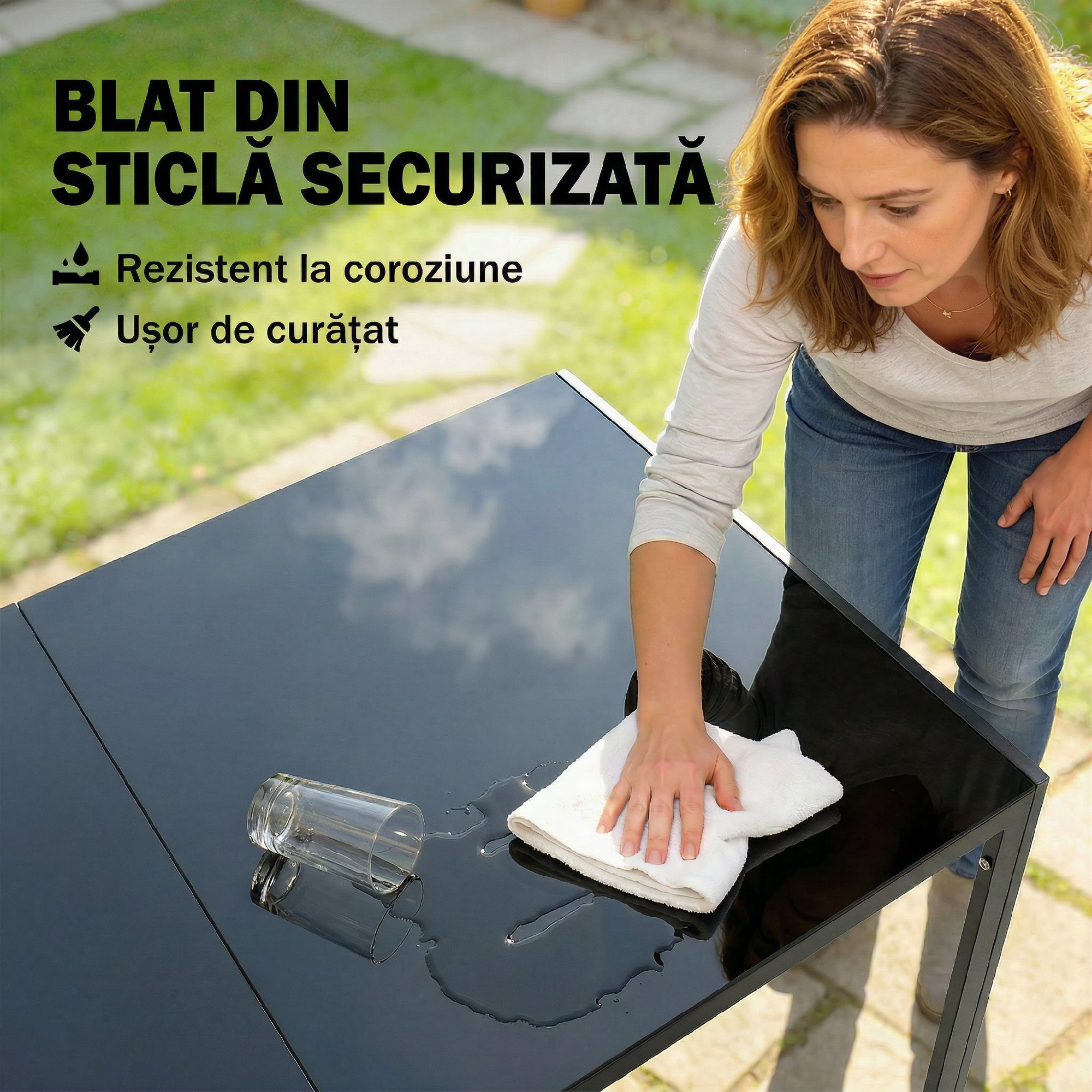  Set Masa si Scaune de Gradina 7 Piese, Set pentru Pranz in Aer Liber cu Masa Dreptunghiulara din Sticla Securizata, 6 Scaune, Perne, Cadru din Otel Zincat pentru Terasa Balcon, Negru [4]