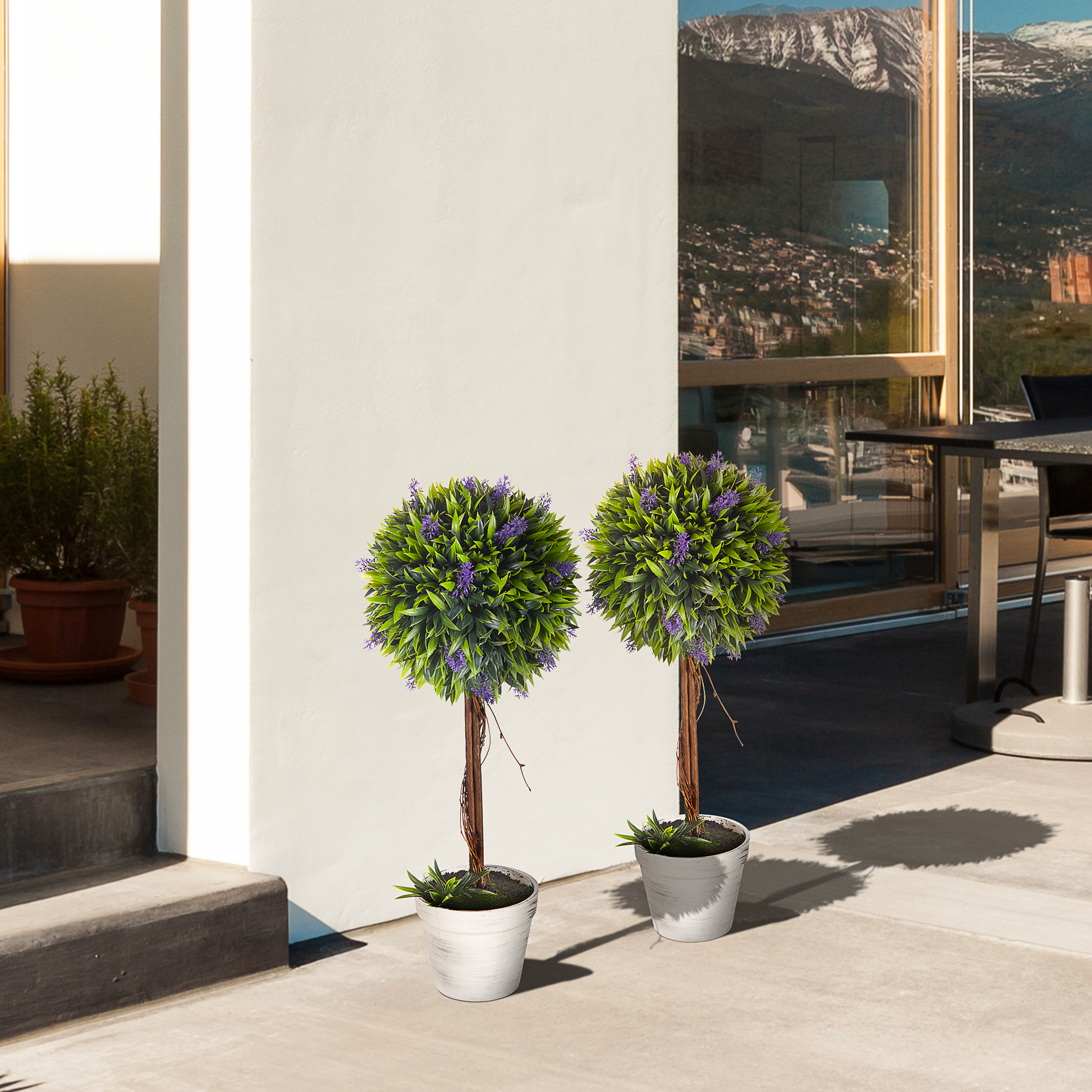  Set 2 Plante Artificiale Sferice cu Flori de Lavanda şi Vas, Ø24x60 cm, Verde [6]