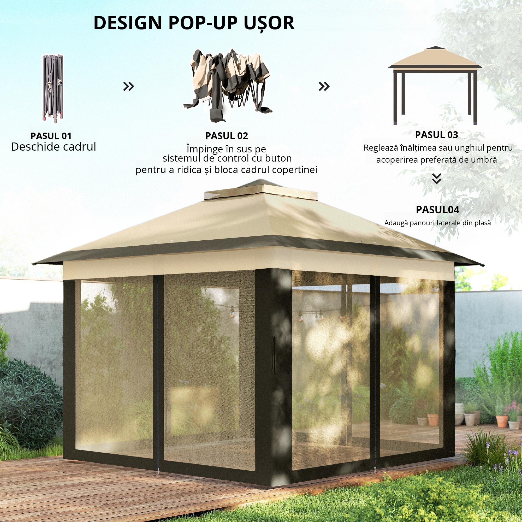  Foisor Pliabil cu Plasa de Tantari, Baldachin Dublu, inaltime Reglabila si Geanta de Transport, 330x330x288 cm, Bej [4]