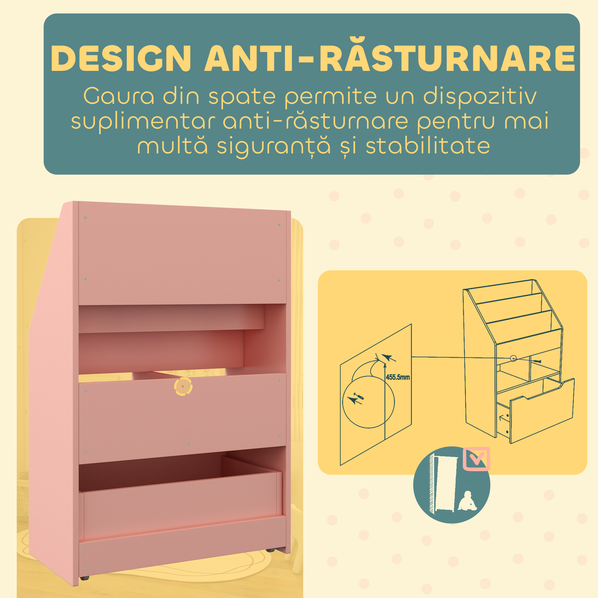  Mica Biblioteca pentru Copii cu Rafturi si Sertar din MDF, 60x29.9x90cm, Roz [4]