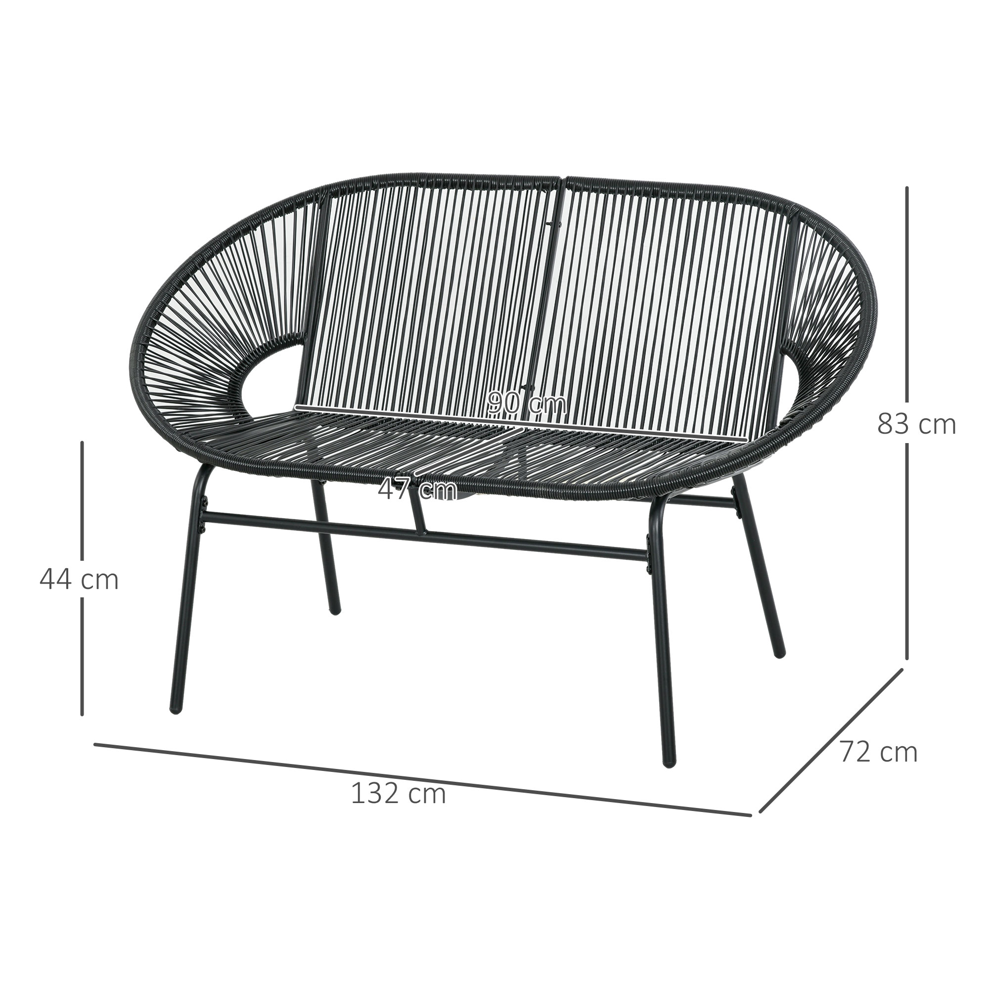 Banca de gradina cu 2 locuri din metal si franghie din rasina cu 2 perne - dim. 132L x 72l x 83h cm - negru [2]