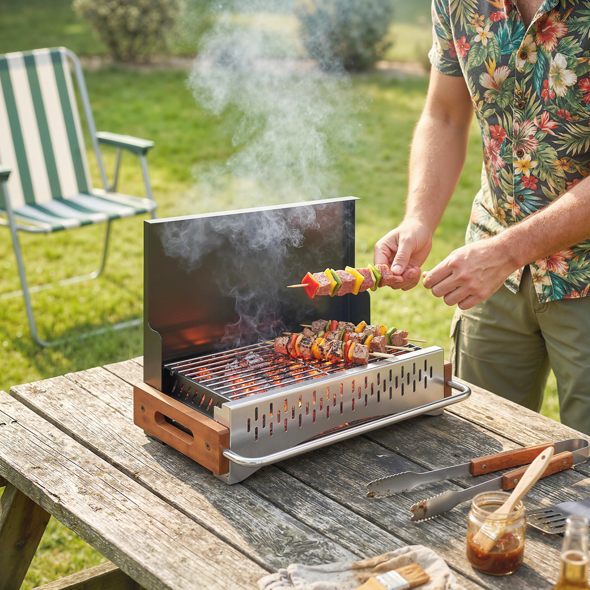  Gratar Portabil cu Carbune, Tava Detasabila, din Otel Inoxidabil si Metal, 50,5x34x33 cm, Negru [1]