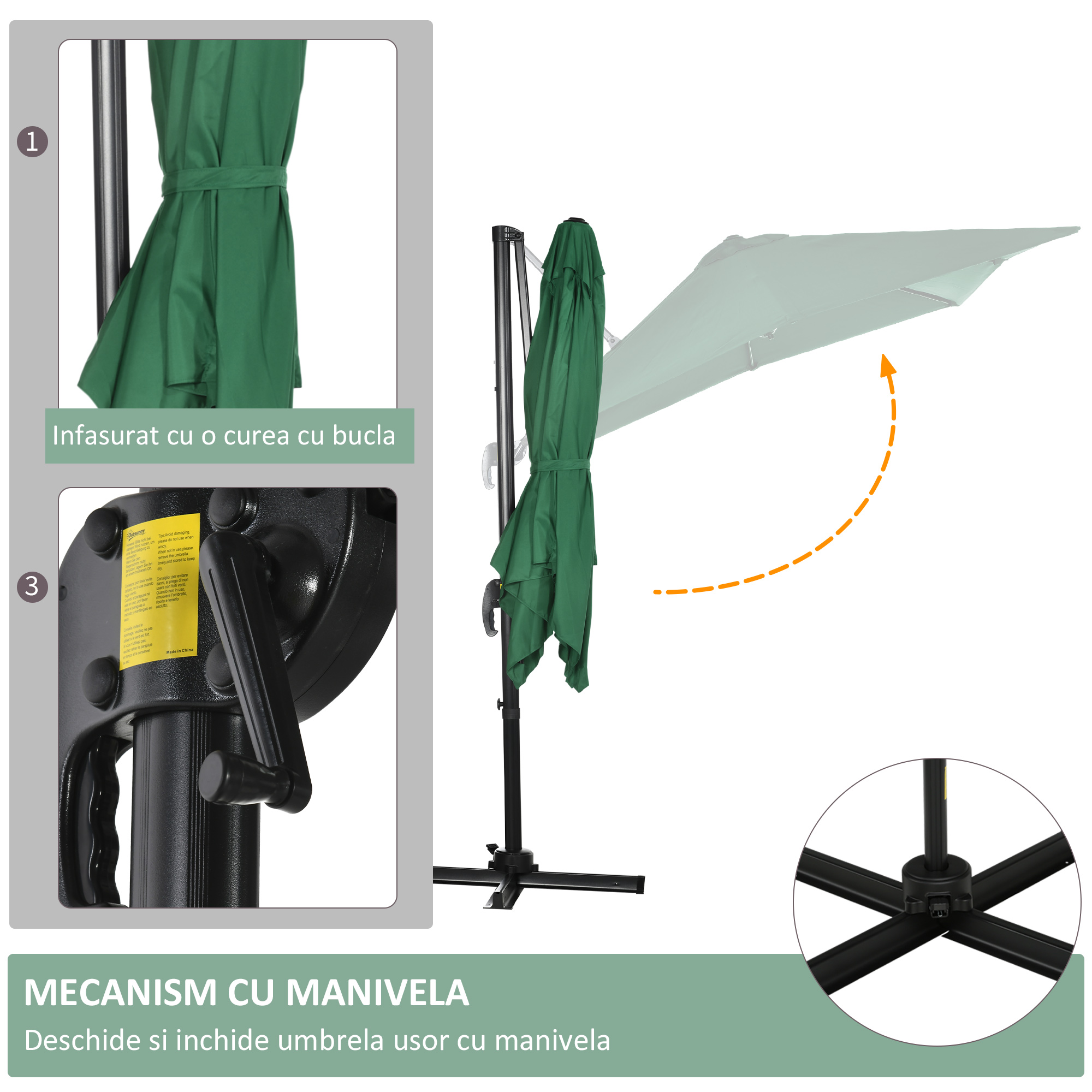  Umbrela de gradina cu manivela, 2.5x2.5 m, rotativa 360° si parasolar reglabil, verde [5]