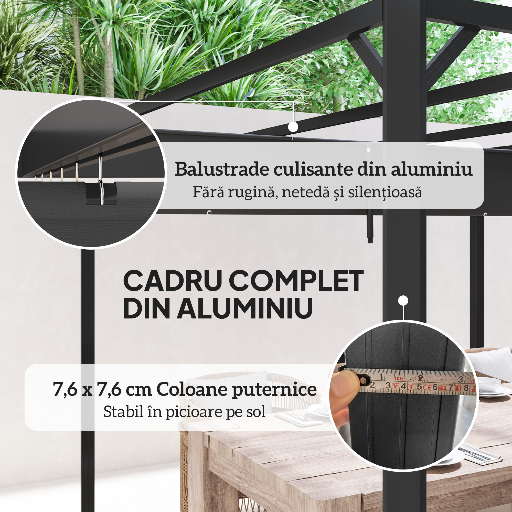  Gazebo Pergola cu Copertina Rulabila de Protectie si Orificii de Drenaj, 300x300x227 cm, Gri inchis [5]