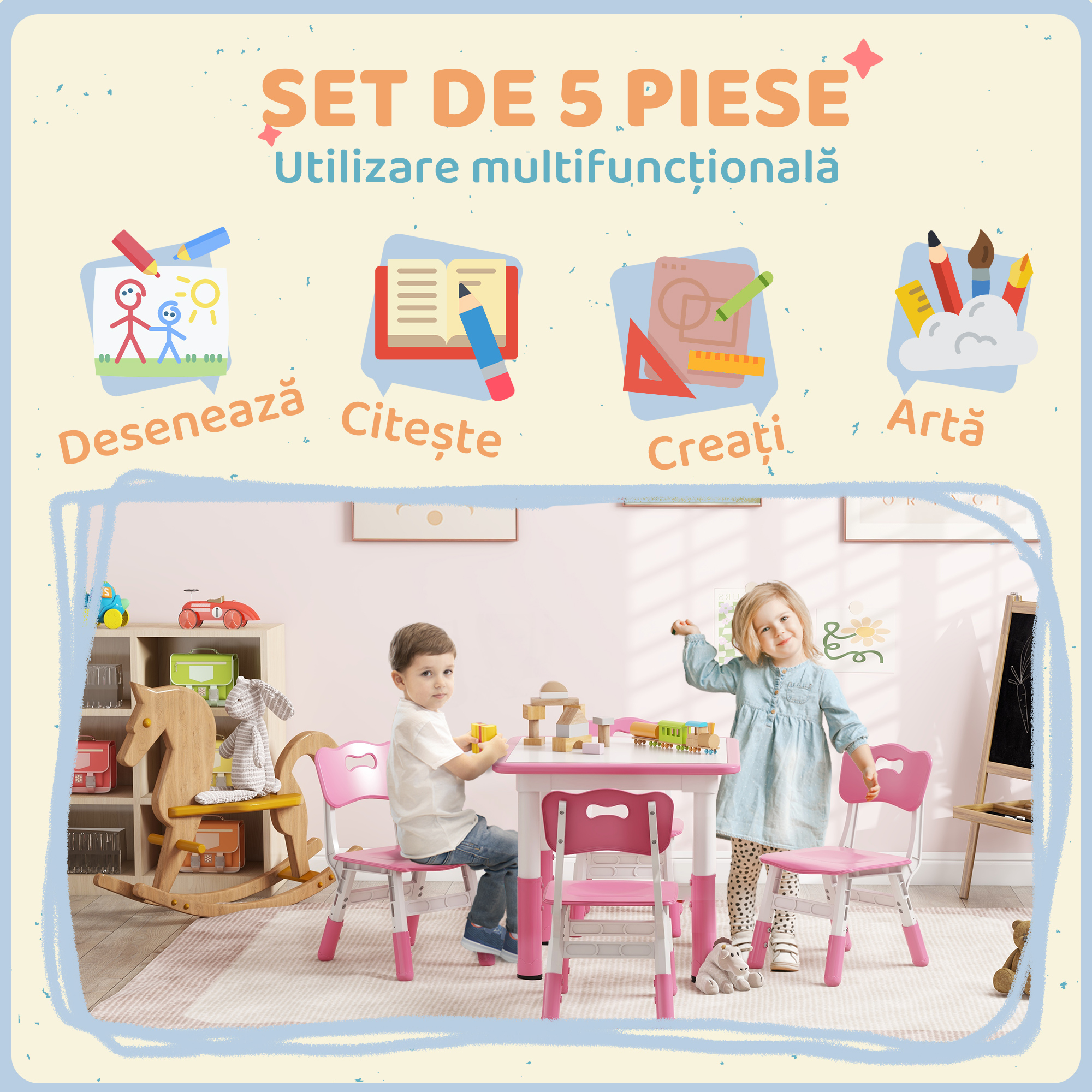  Set Masa & Scaune Reglabile 18-60 luni cu Tablita - Roz [6]
