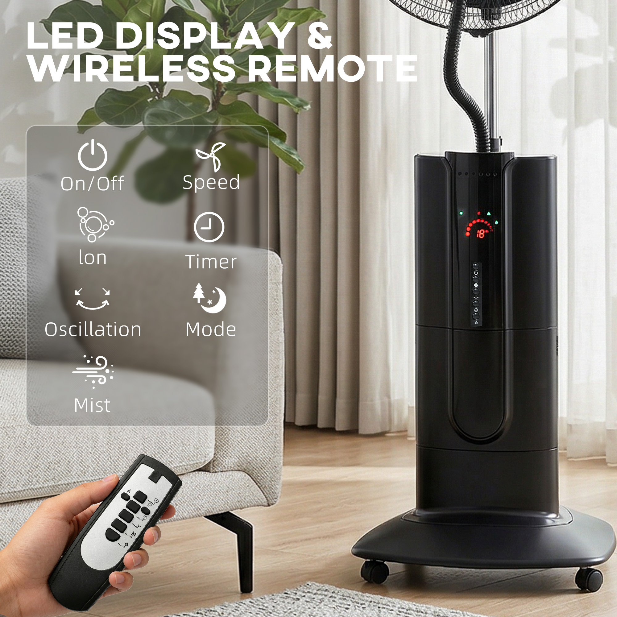  Ventilator de Podea 3 in 1 Oscilant cu Nebulizator de Apa, Telecomanda si Timer 9h, 45x38x130 cm, Negru [7]