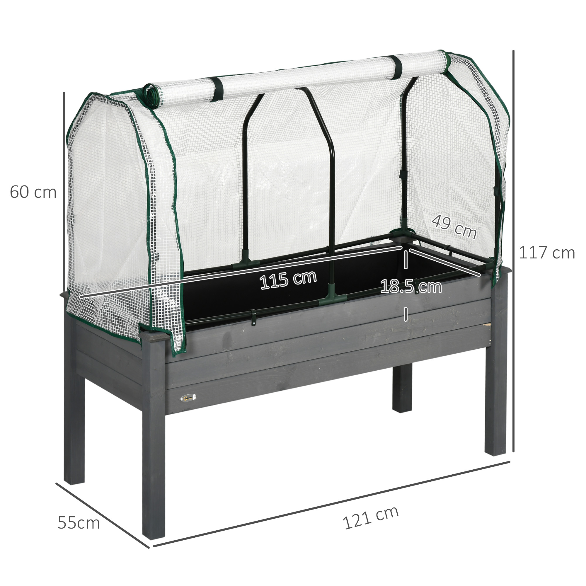  Pat pentru Gradina Ridicat cu Acoperis din PE, Jardiniera Ridicata din Brad cu 4 Gauri de Drenaj, pentru Flori si Legume, pentru Gradina, Balcon, 121x55x117 cm, Gri inchis [2]