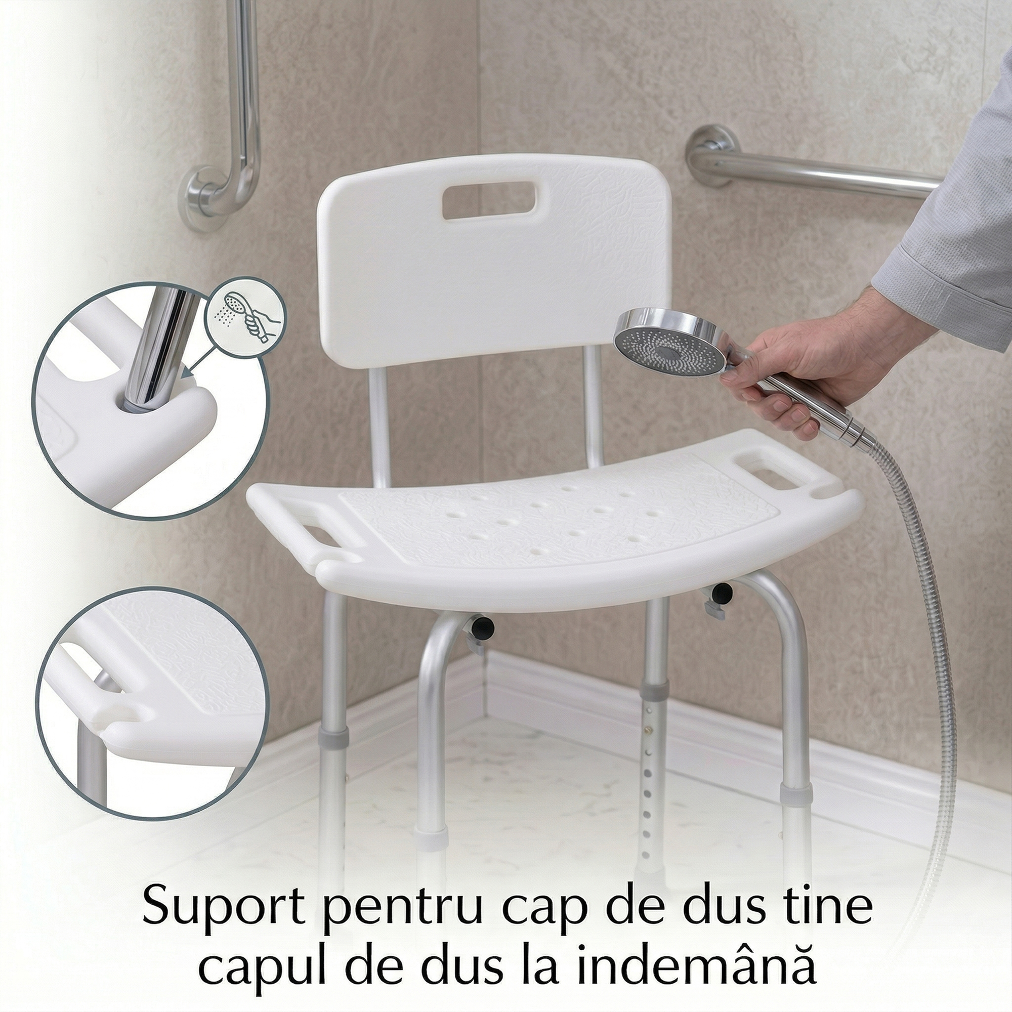  Scaun de Dus Antiderapant cu Spatar si inaltime Reglabila pe 8 Pozitii, 50,6x43x71-88 cm, Alb [8]