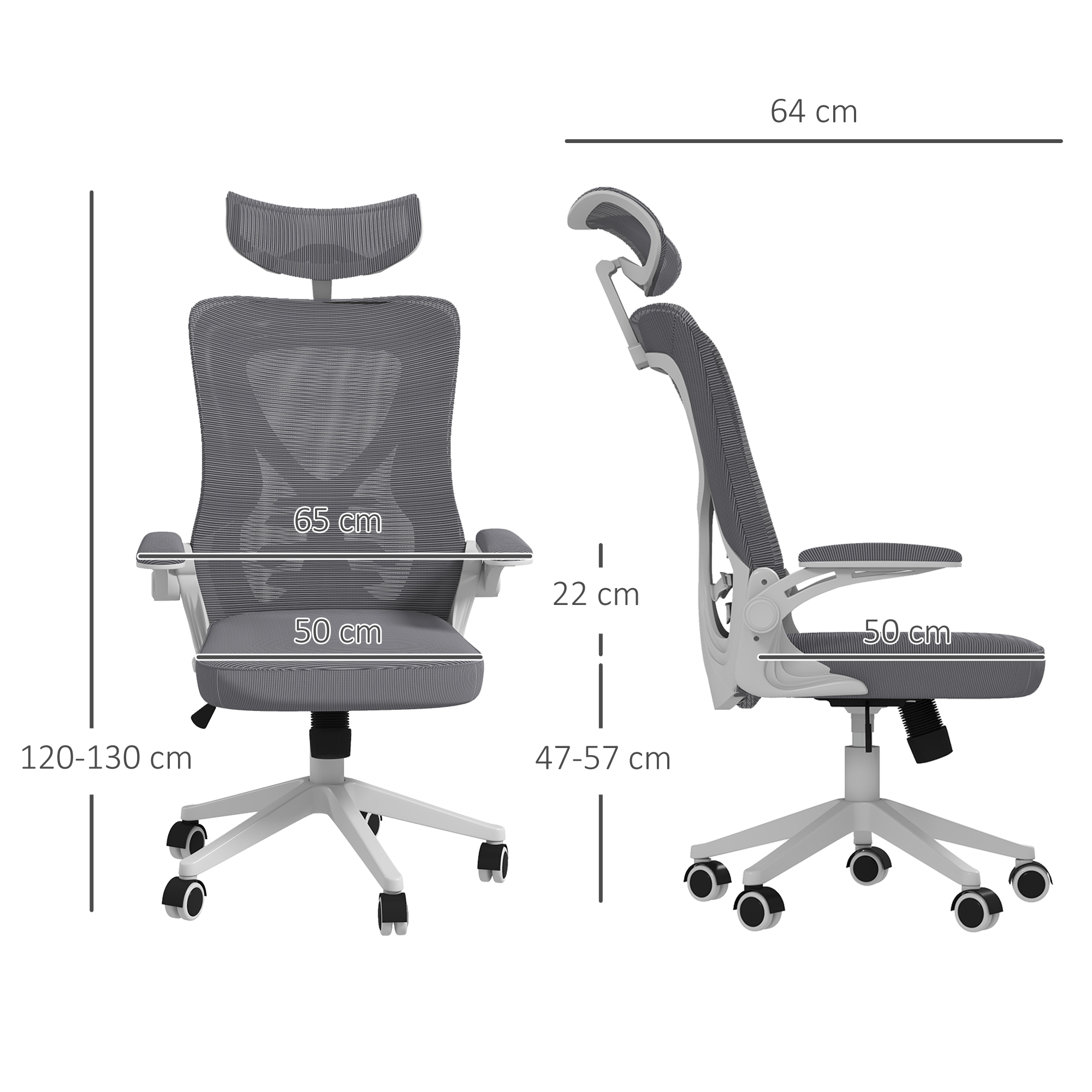  Scaun de Birou cu Inaltime Reglabila cu Tetiera, Suport Lombar si Cotiere Rabatabile, 65x64x120-130 cm, Gri si Negru [2]