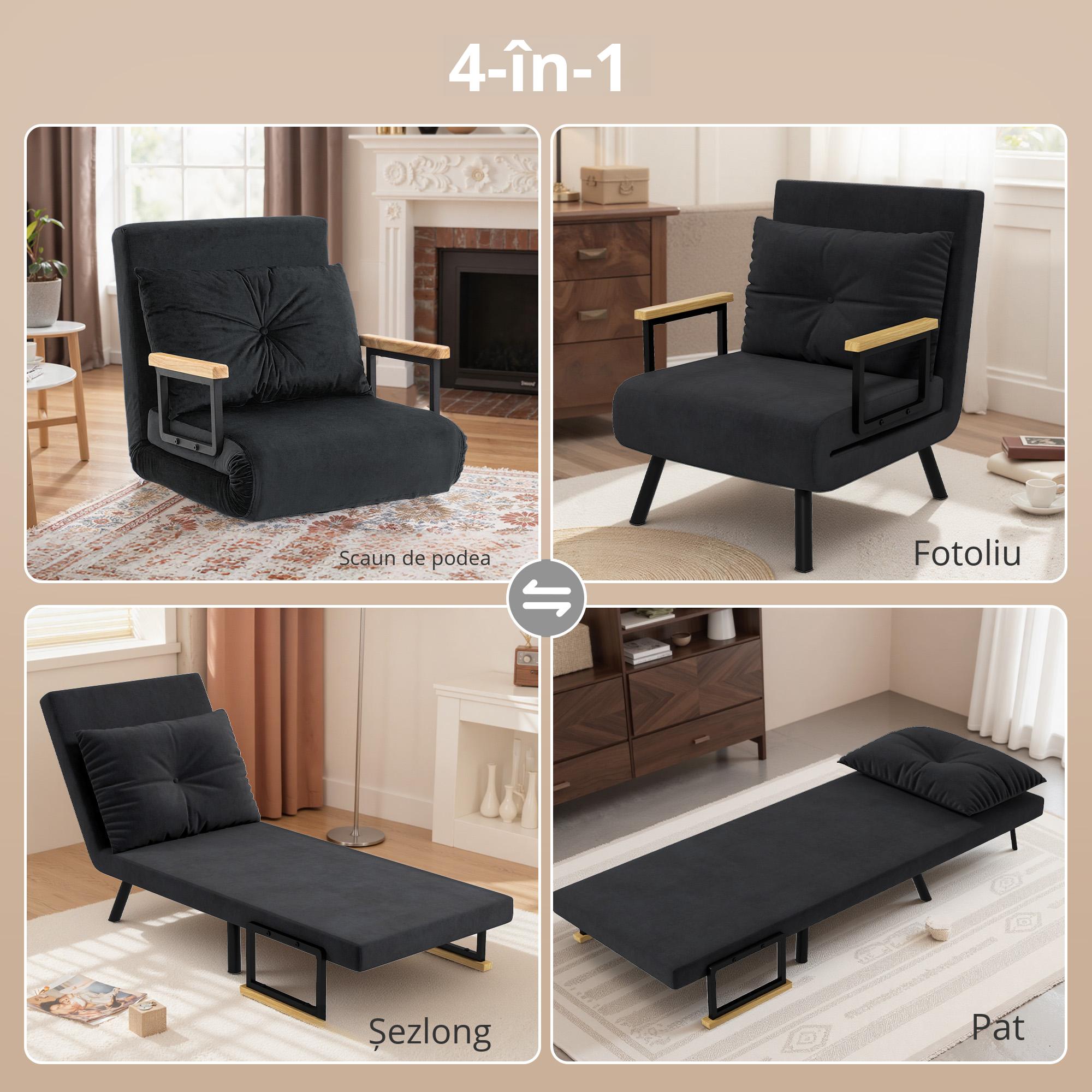  Fotoliu Pat 3 in 1 cu Spatar Reglabil in 5 Pozitii si Perna, 63x73x81 cm, Negru [4]