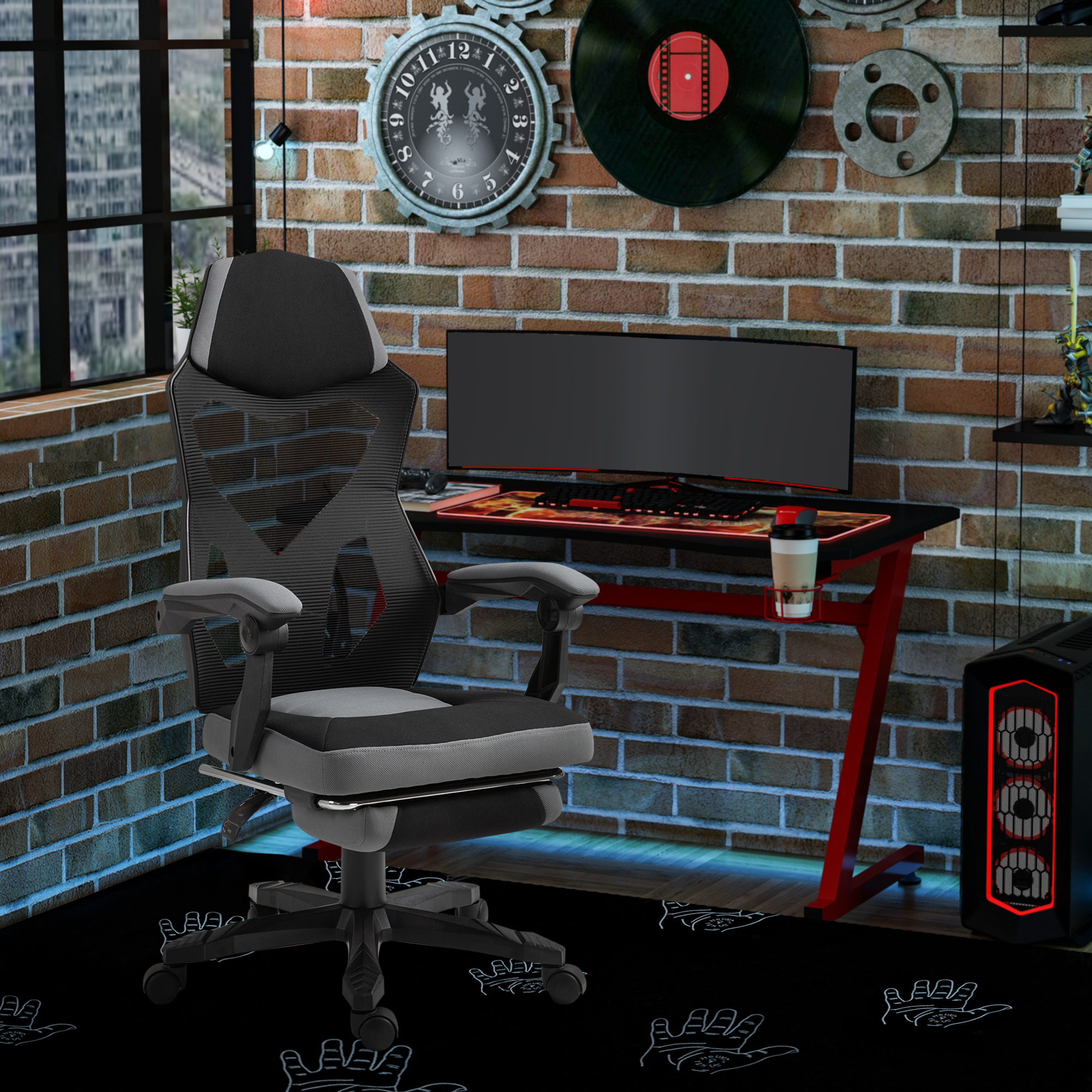  Scaun de Birou Ergonomic cu Spatar Reclinabil, Suport Picioare Retractabil, inaltime Reglabila, Gri [1]