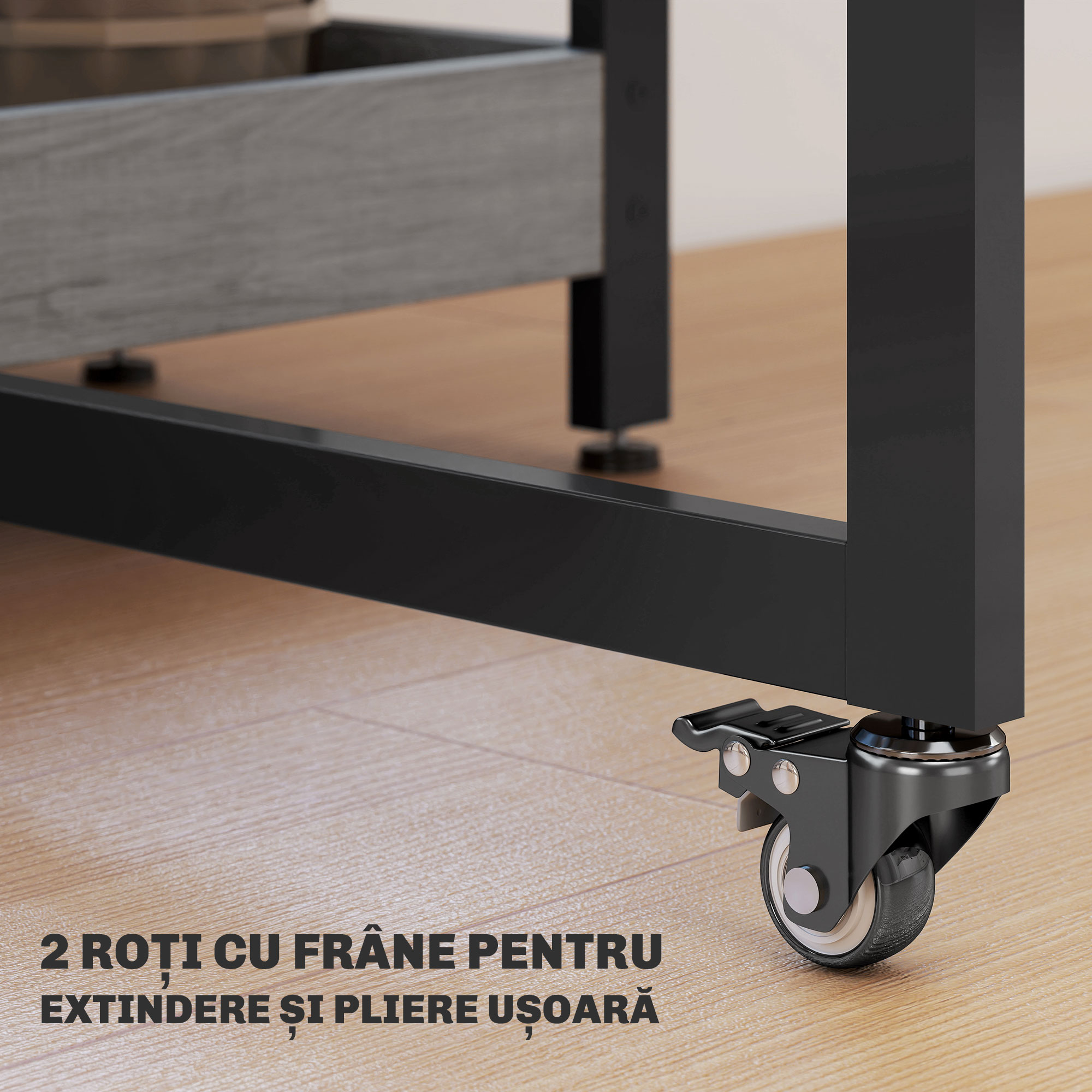  Masa Pliabila cu 2 Extensii pentru 4 Persoane cu 2 Rafturi Deschise, din Lemn si Metal, 133.4x80x75 cm, Gri [5]