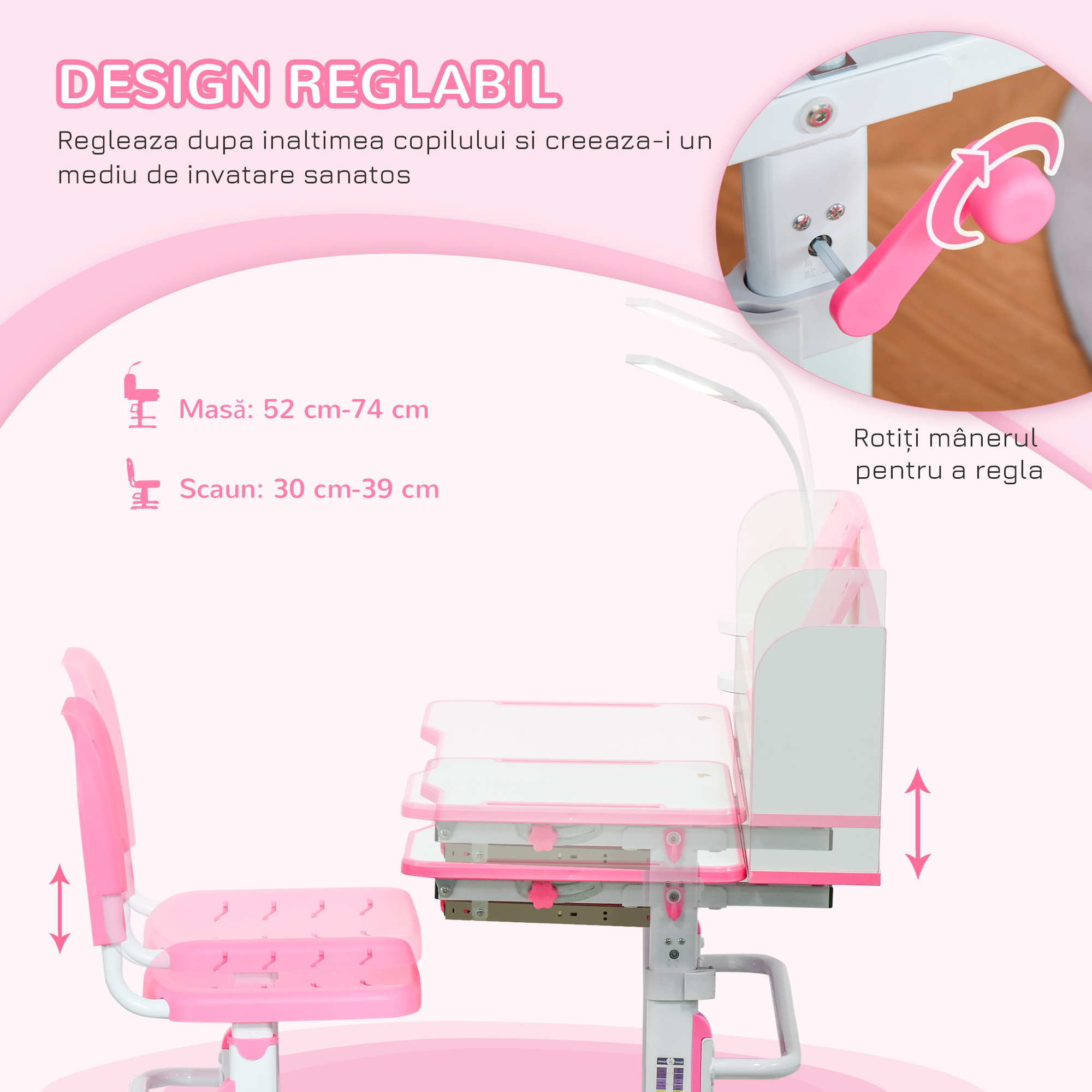  Set Banca si Scaun pentru Copii 6-12 Ani, Reglabile pe inaltime cu Blat inclinabil la 45°, 80x54,5x82-104 cm, Roz [5]