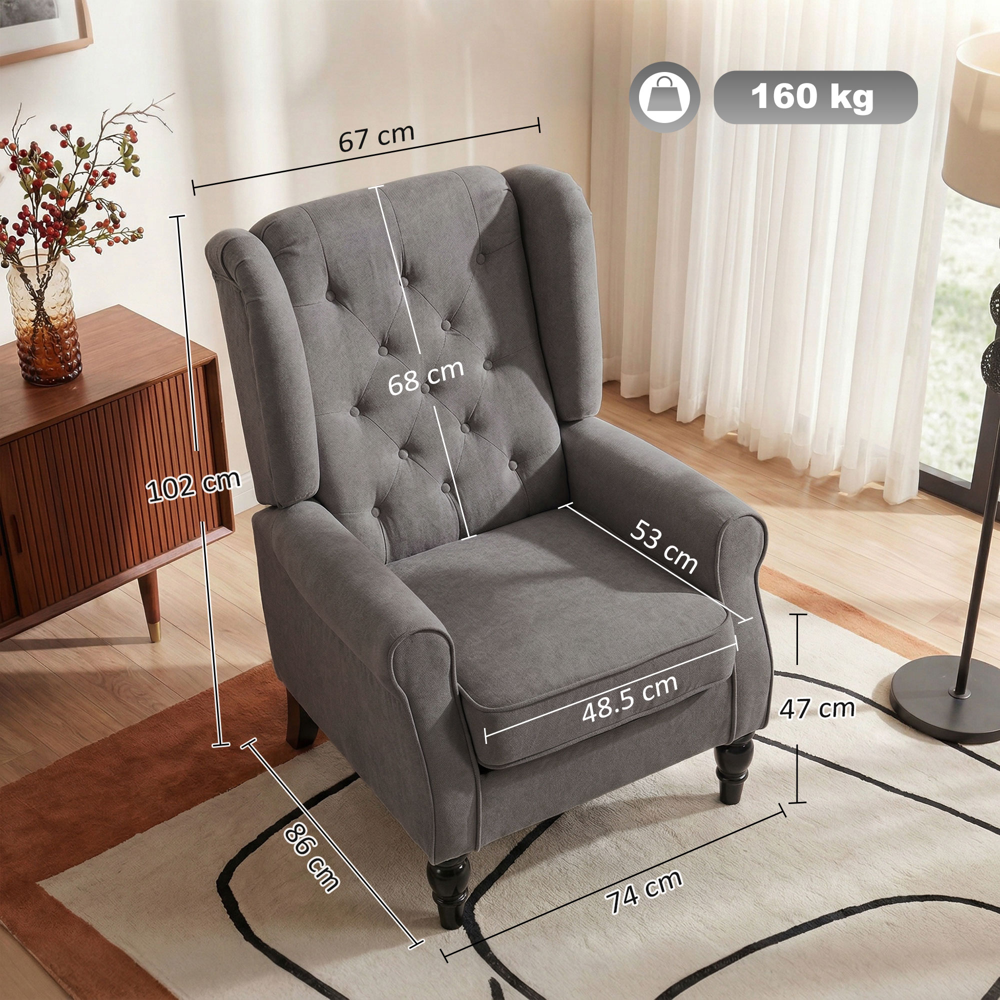  Fotoliu de sufragerie in stil frantuzesc, cu picioare din lemn si perne detasabile, 74x86x102 cm, gri [2]