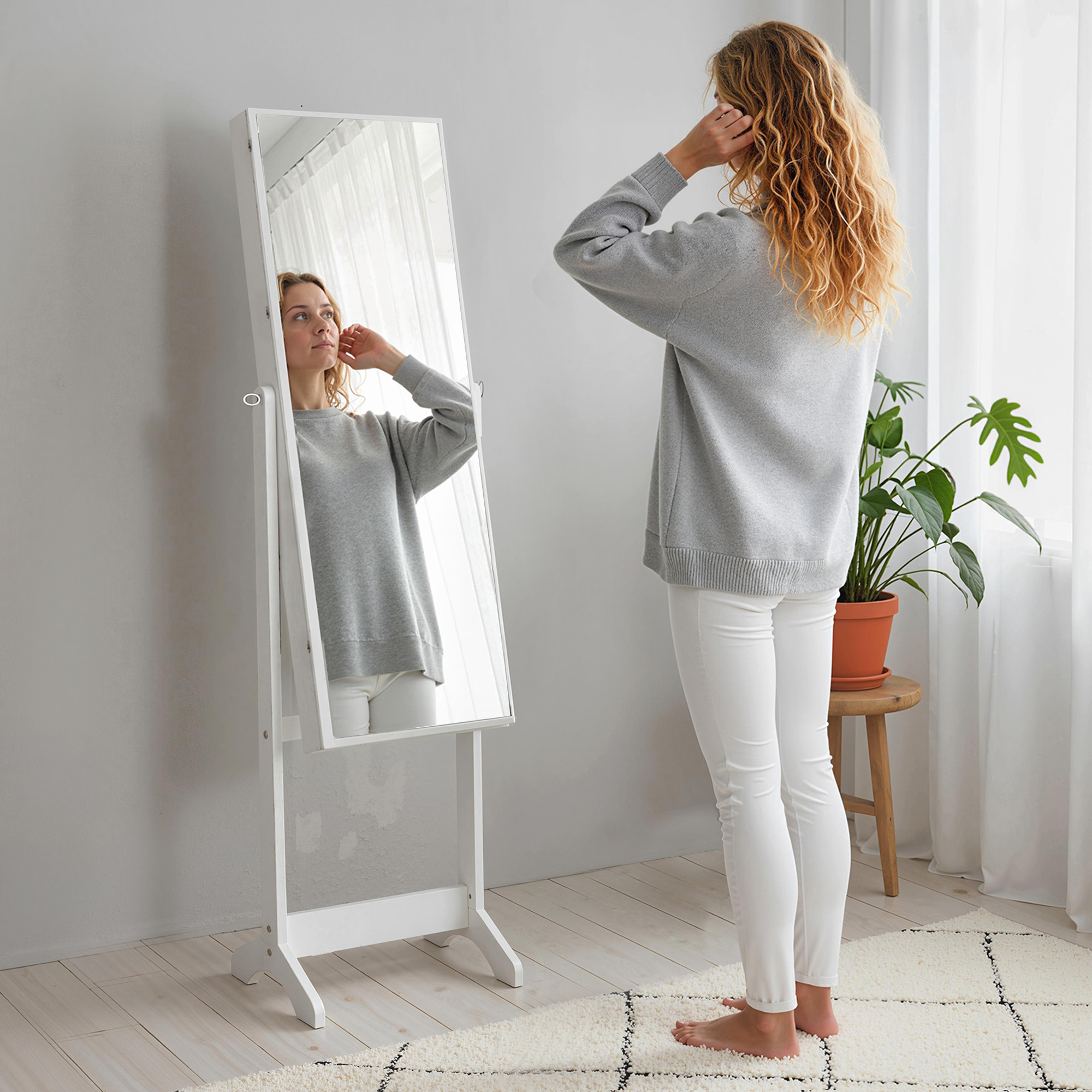  Dulap Portbijuterii cu Oglinda, incuietoare si Organizator Inele si Cercei Alb [7]