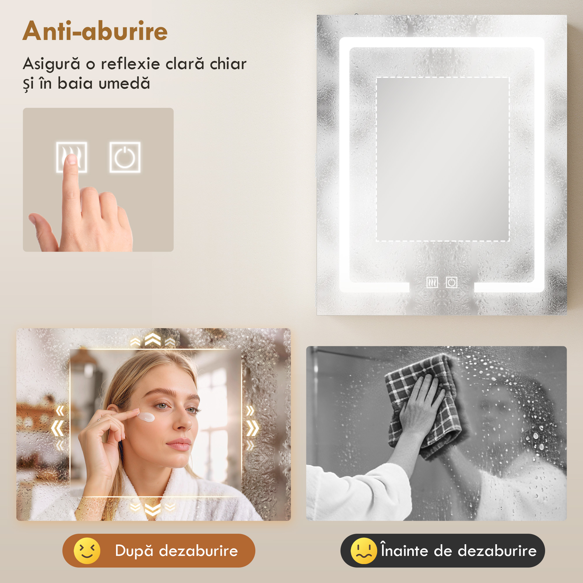  Dulap Baie cu Oglinda LED, 50x15x60 cm Mobila Baie cu Functie Anti-Aburire, Rafturi Reglabile, 3 Temperaturi de Lumina Dimmabile, Dulap Montat pe Perete din Sticla, Alb [4]