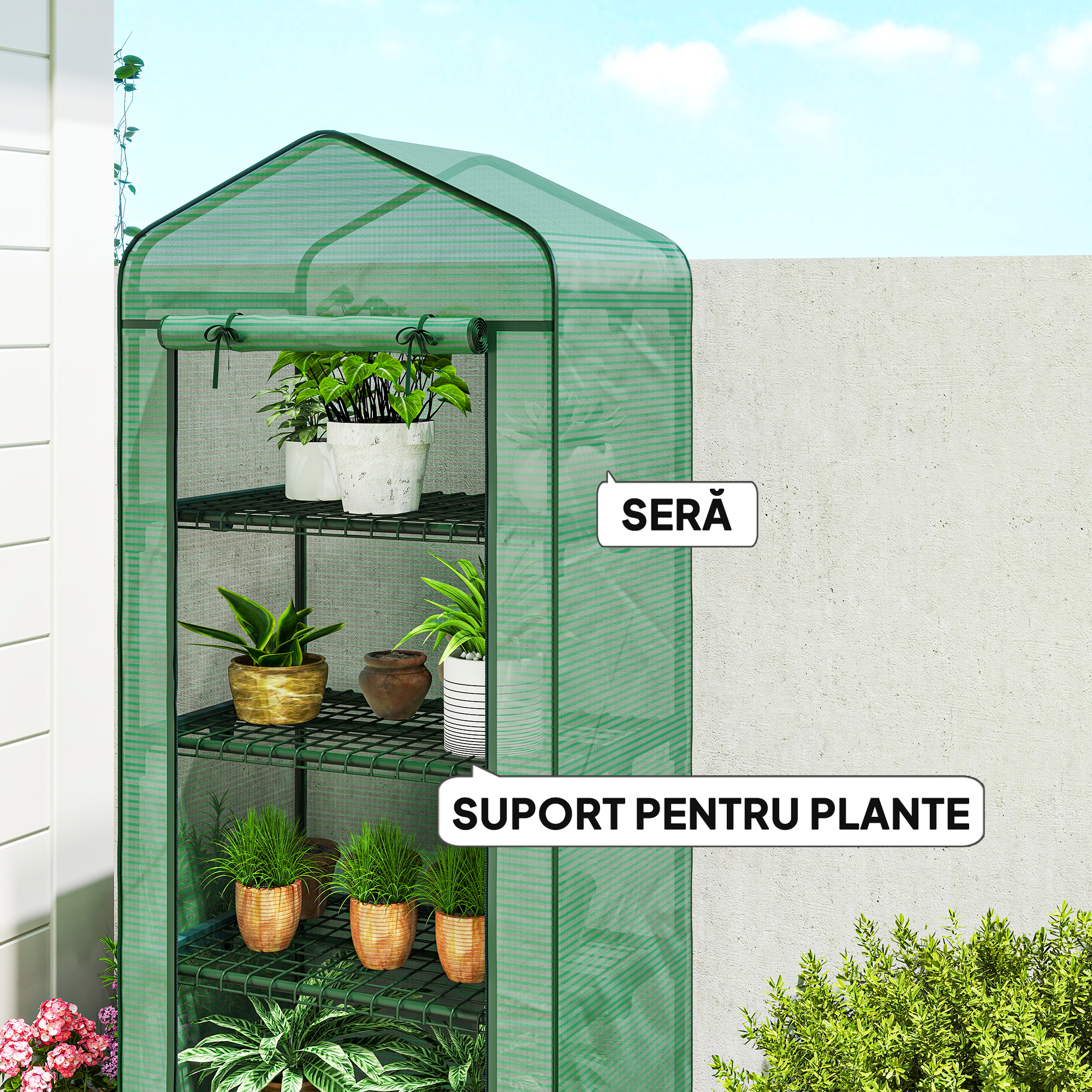  Sera Portabila, Sera pentru Plante, Flori, Structura Exterioara cu 4 Rafturi, Acoperire PE, Verde [4]