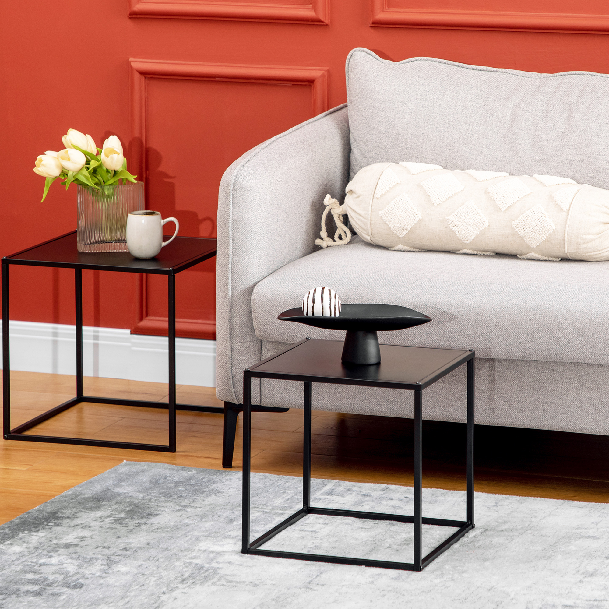  Set de 2 masute de cafea patrate stivuibile, masute laterale si de living din otel, alb [6]