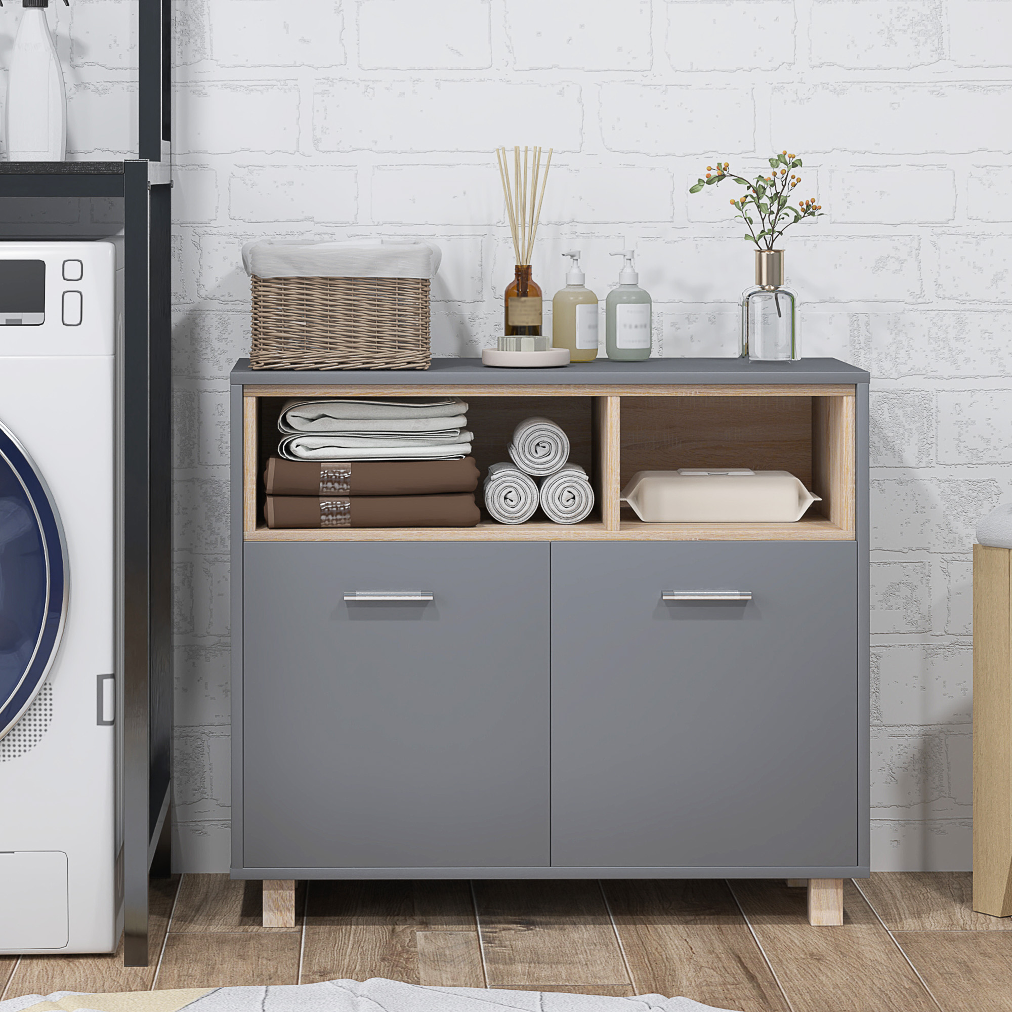  Mobilier de Baie cu Rafturi Deschise si Dulapior cu 2 Usi, Dulap de Baie Spatios cu Manere, 80x35x70 cm, Gri [6]