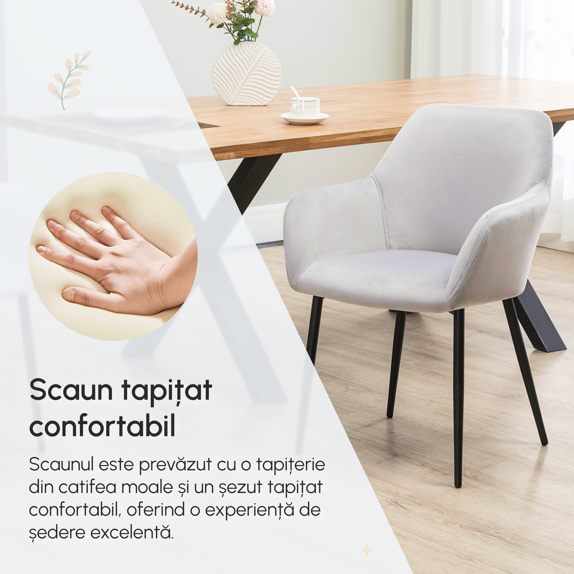  Set de 2 scaune de sufragerie, decorative din material textil din catifea, gri deschis [6]