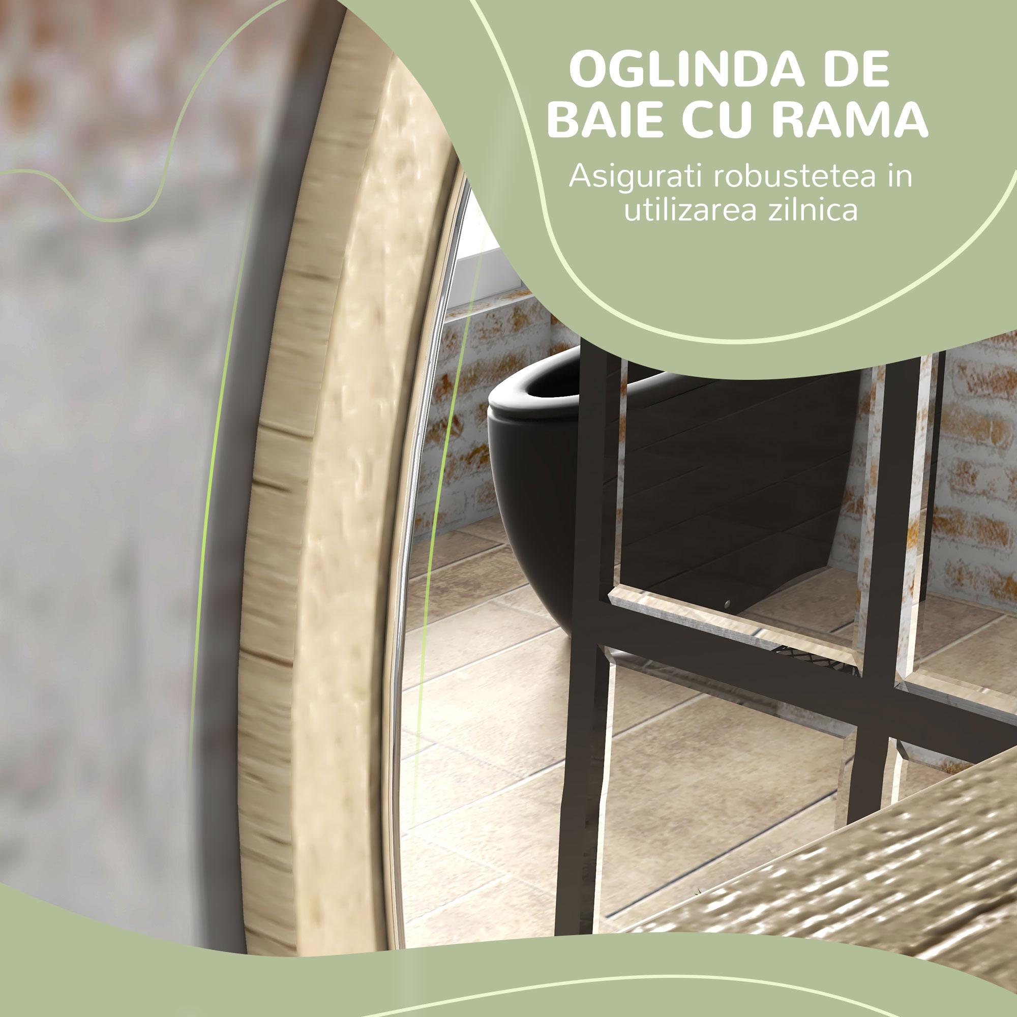  Oglinda de Baie Rotunda din PAL si Sticla cu Raft pentru Depozitare si 2 Carlige pentru Fixare, Ø45x10 cm, Lemn Natural [4]