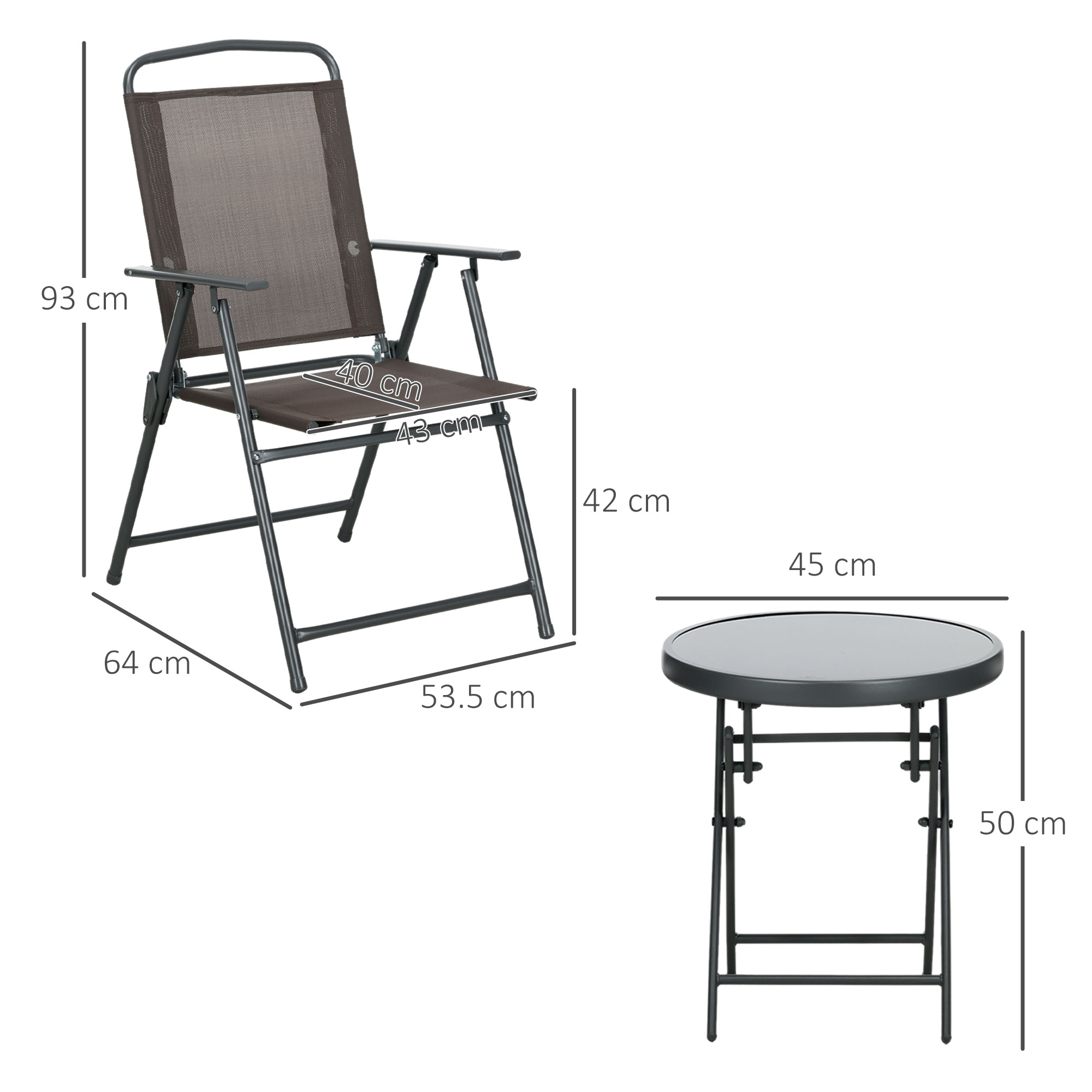  Set de Gradina 3 Piese cu 2 Scaune Pliabile si Masa Rotunda, Set Mobilier de Exterior din Metal si Sticla, Maro [2]