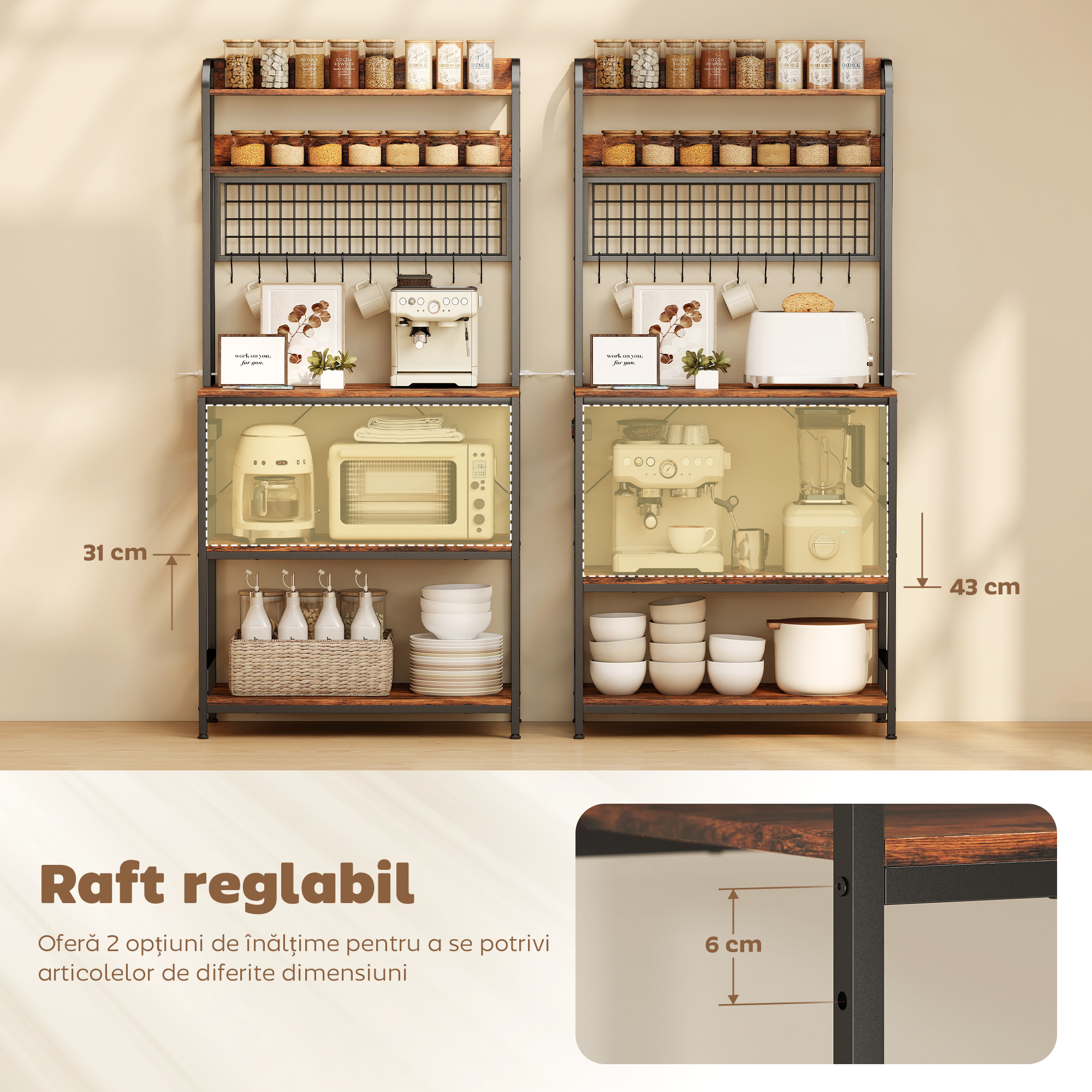  Raft de Bucatarie cu Statie de Alimentare si Rafturi Reglabile, Raft pentru Cuptor cu Microunde 5 Nivele cu Panou de Grilaj si 10 Carlige, Dulap Vintage Structura din Otel, 80x40x170 cm, Maro Rustic [5]